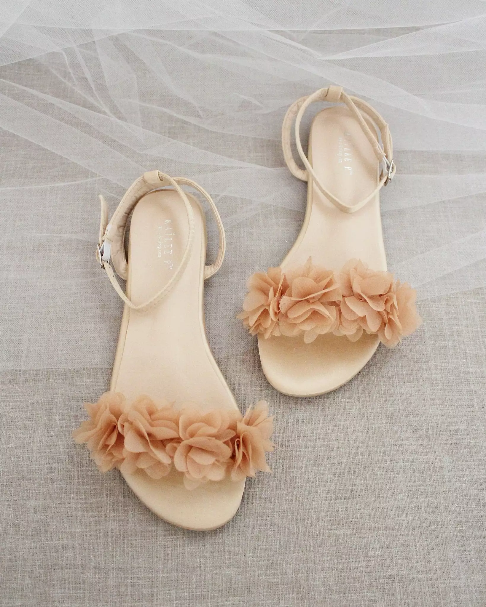 Champagne Satin Flat Sandal with Chiffon Flowers and Ankle Strap