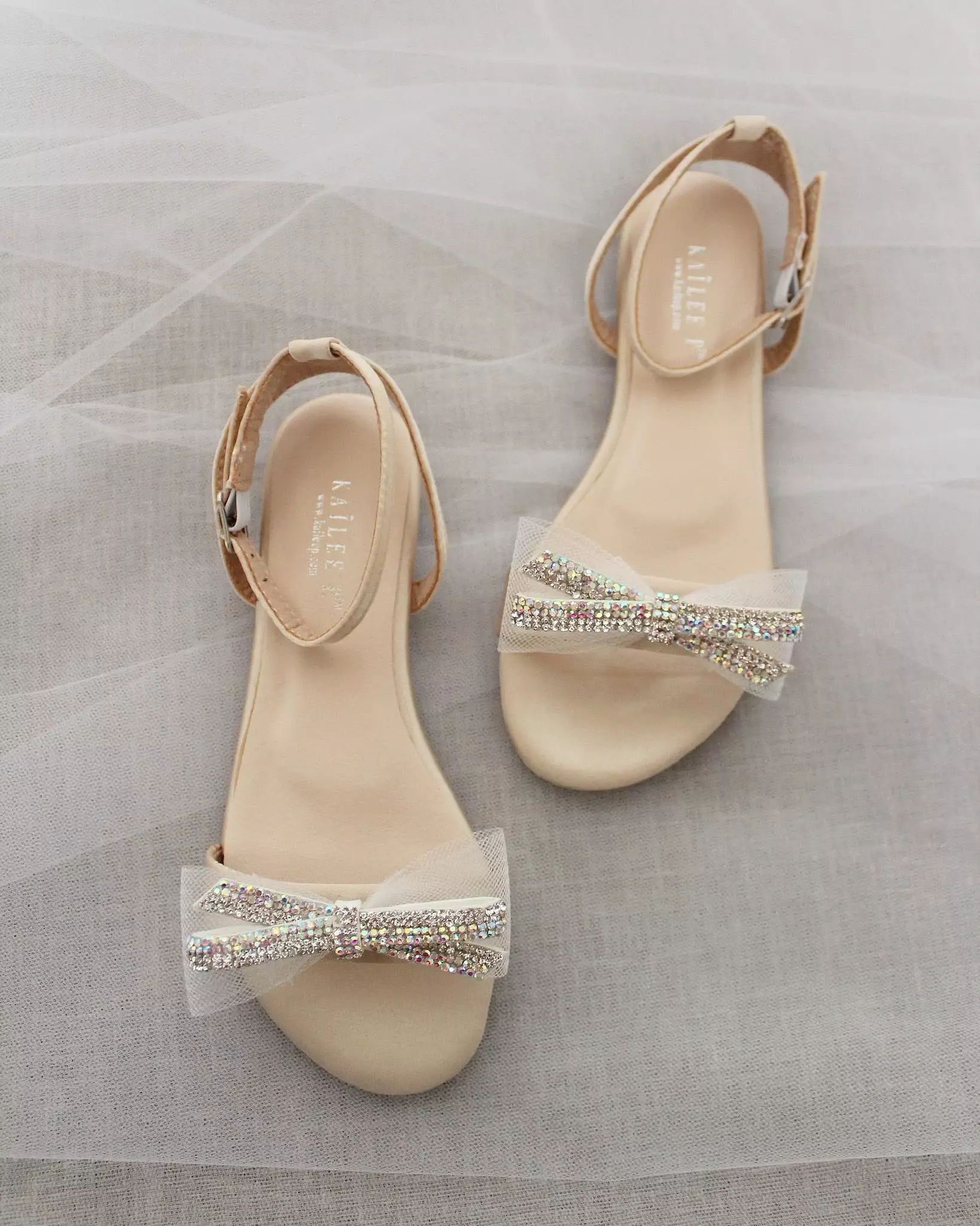 Champagne Satin Flat Sandal with Mini Mesh Rhinestones Bow and Ankle Strap