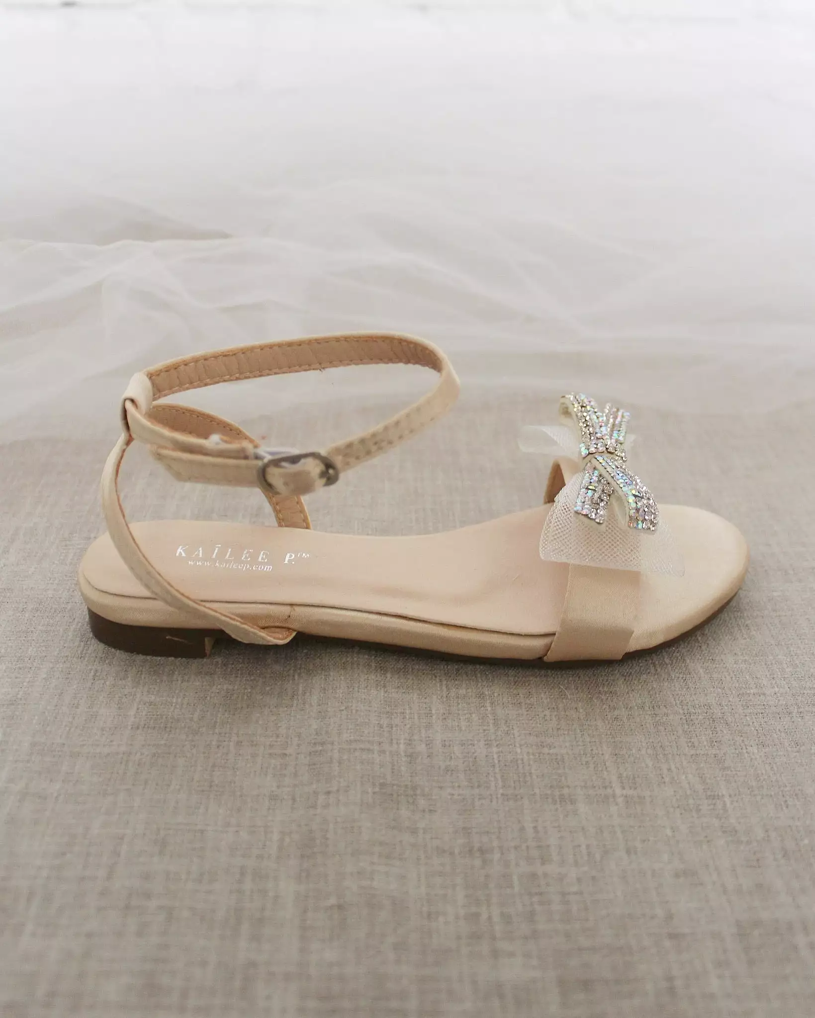 Champagne Satin Flat Sandal with Mini Mesh Rhinestones Bow and Ankle Strap