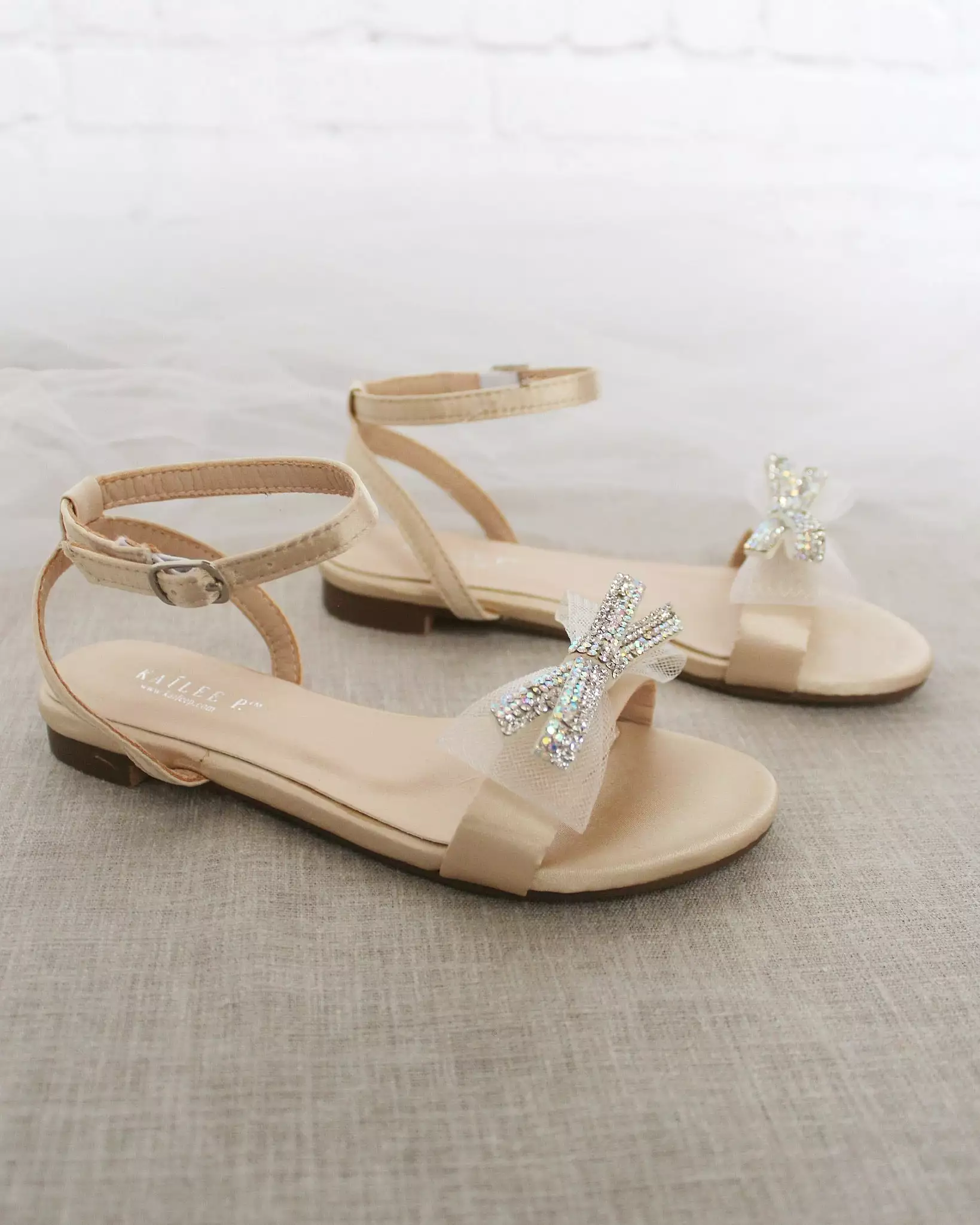 Champagne Satin Flat Sandal with Mini Mesh Rhinestones Bow and Ankle Strap