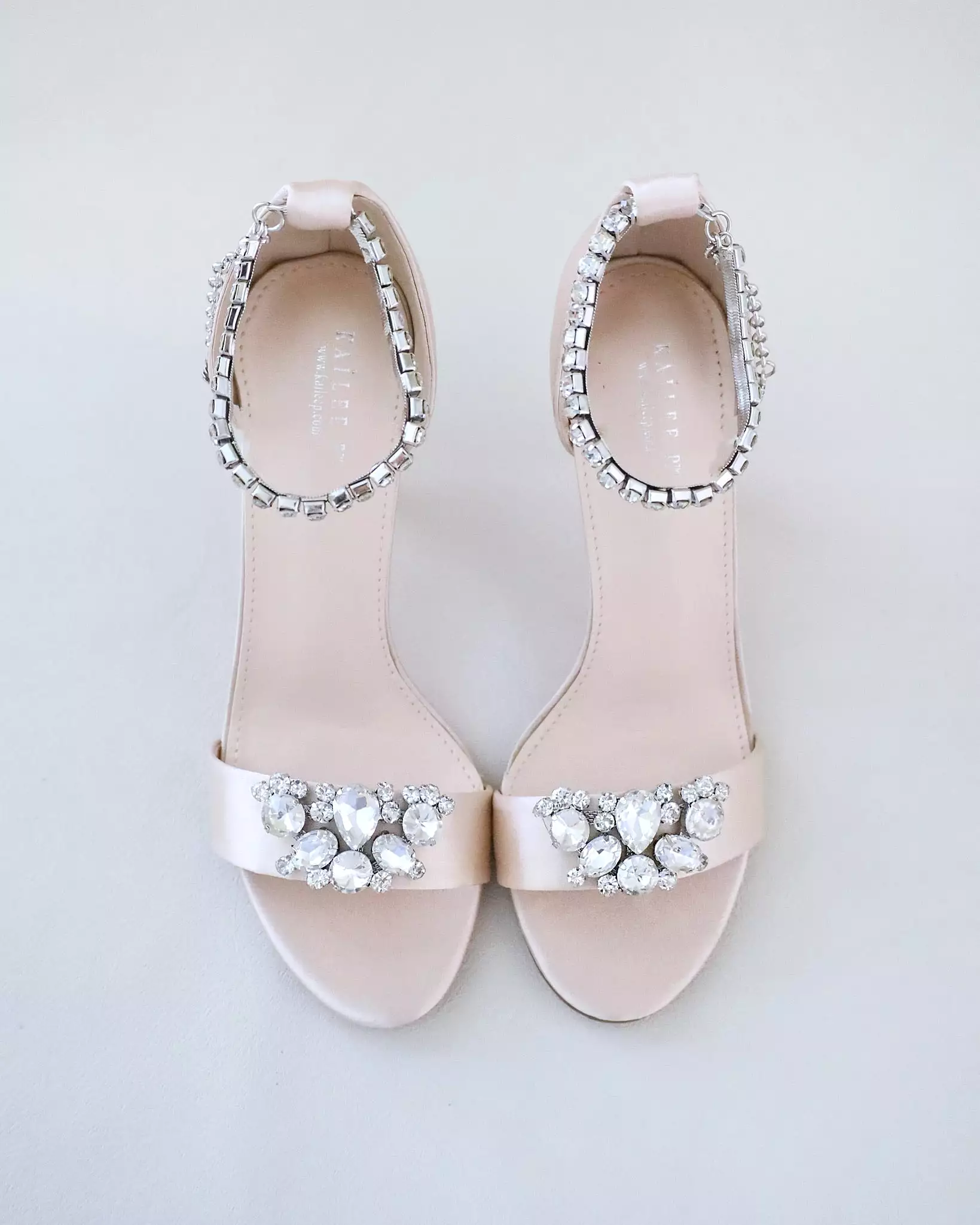 Champagne Satin High Heel Evening Sandals with Dewdrop Brooch