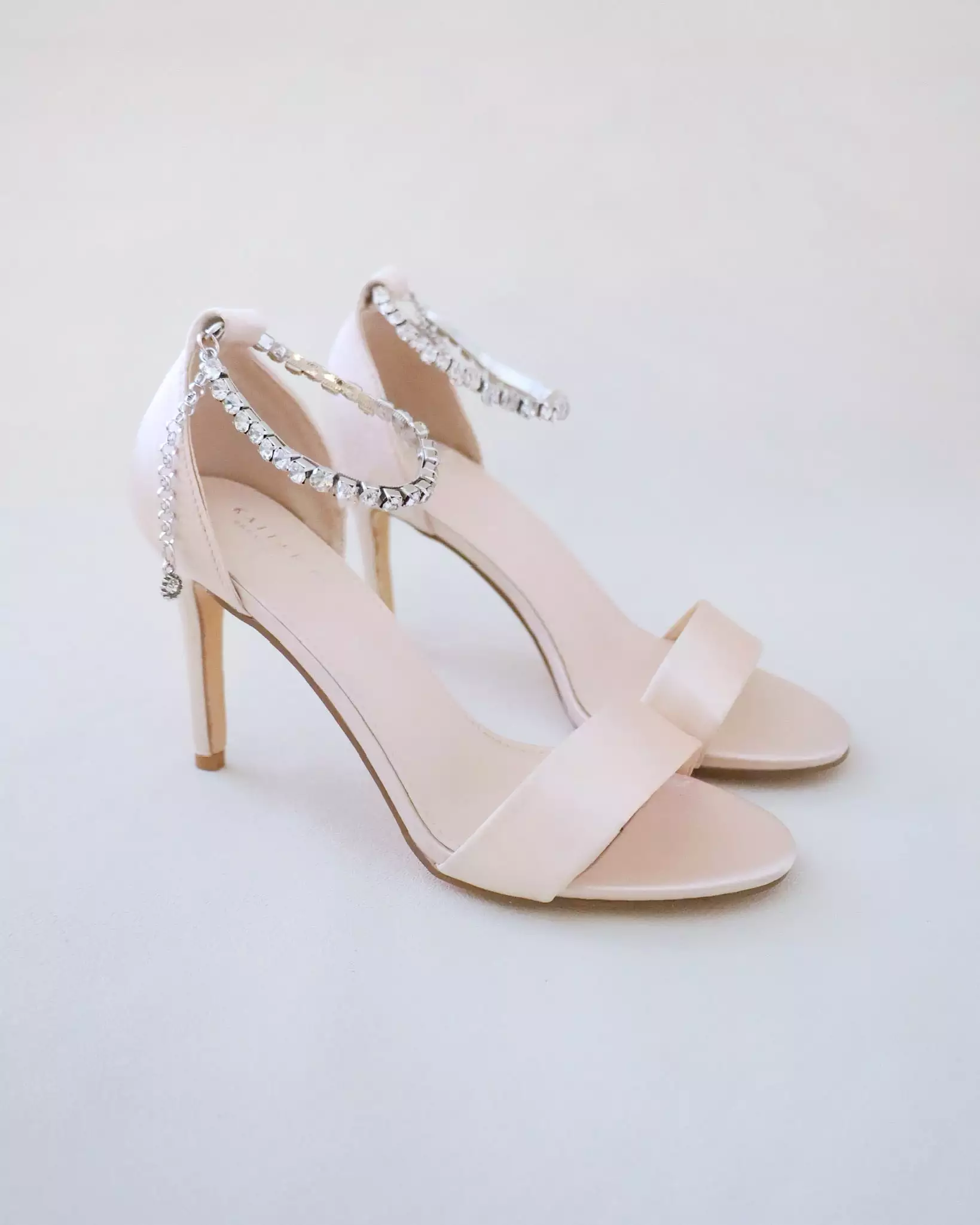 Champagne Satin High Heel Evening Sandals with Eternity Rhinestones Strap