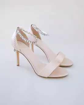 Champagne Satin High Heel Evening Sandals with Eternity Rhinestones Strap