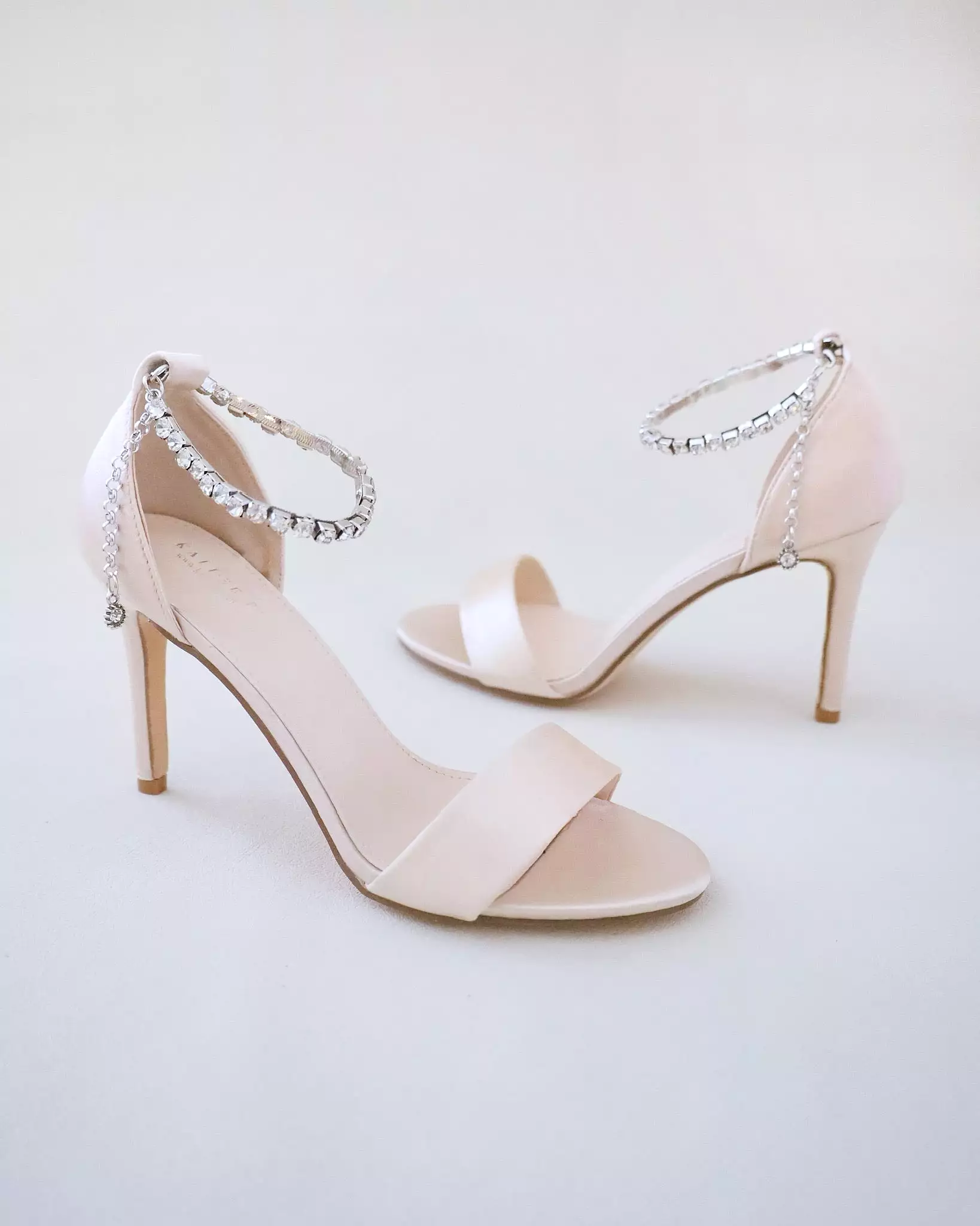 Champagne Satin High Heel Evening Sandals with Eternity Rhinestones Strap