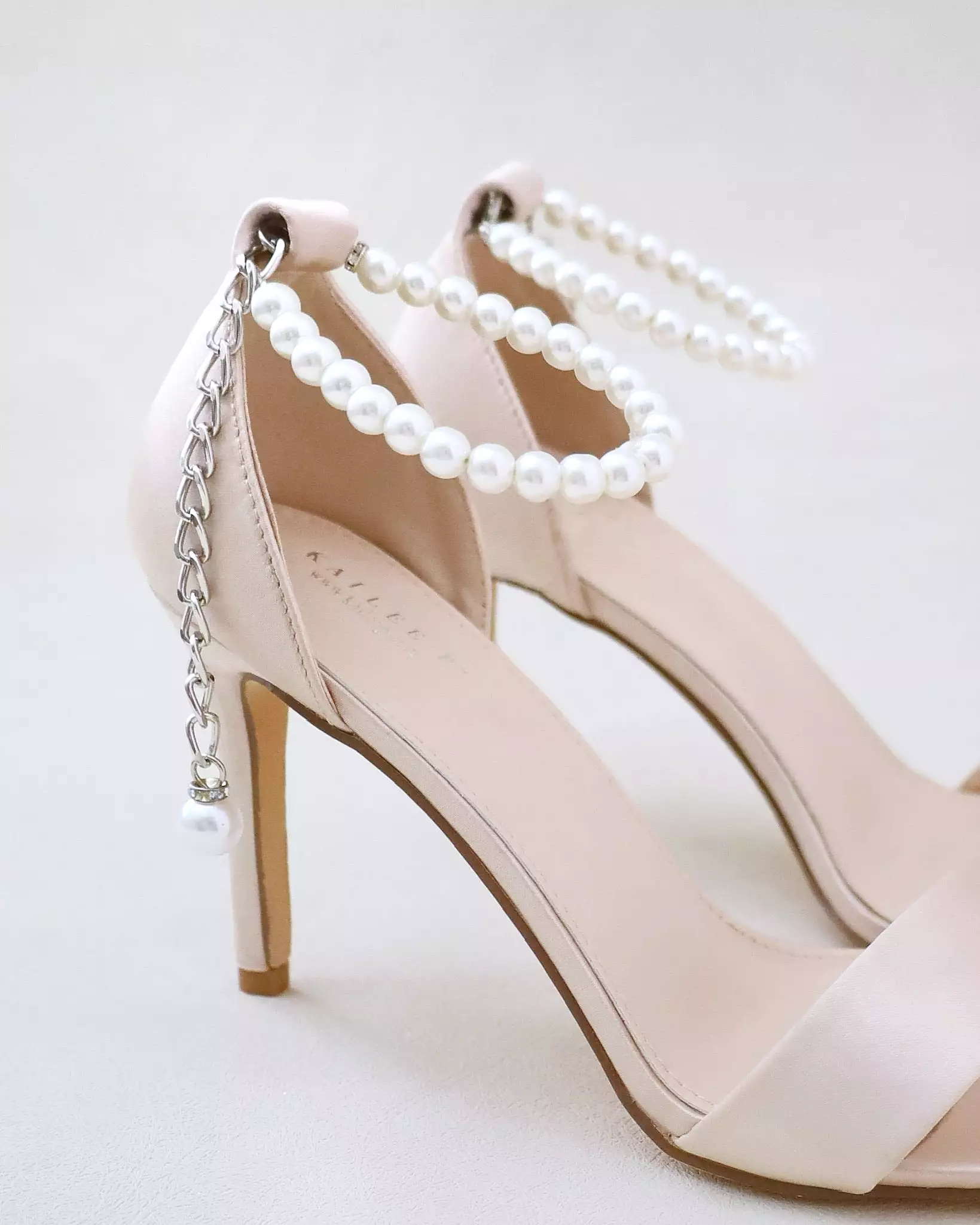 Champagne Satin High Heel Evening Sandals with Pearl Strap