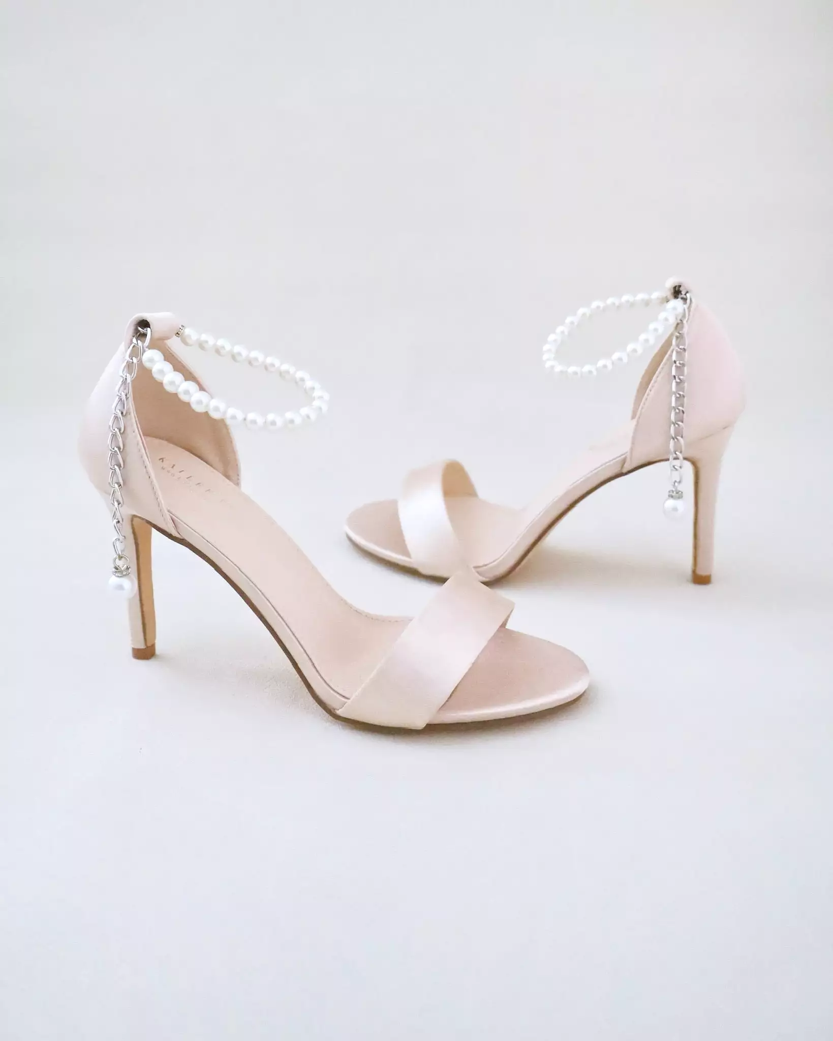 Champagne Satin High Heel Evening Sandals with Pearl Strap