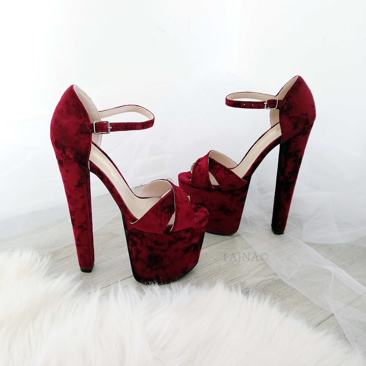 Claret Red Cross Strap Peep Toe High Heel Platform Shoes