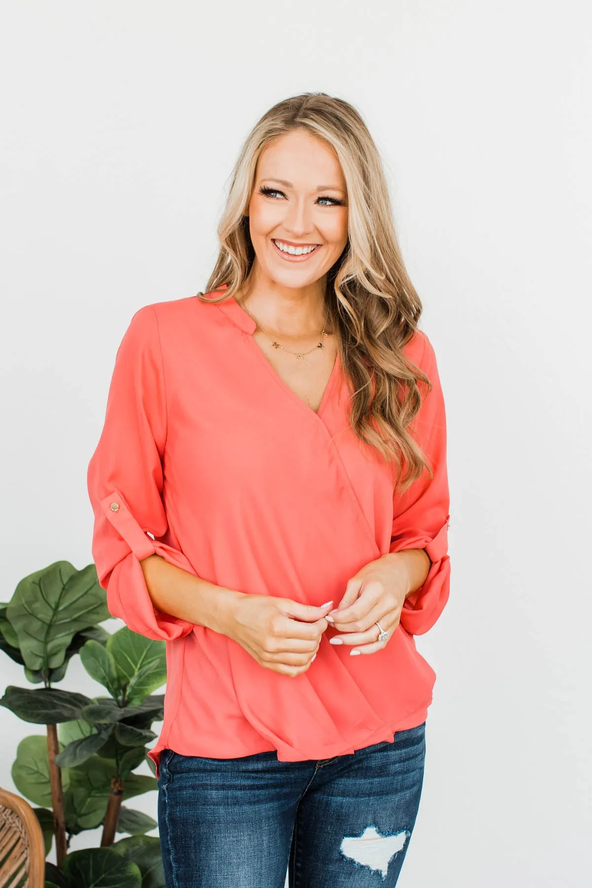 Classy Cutie V-Neck Wrap Blouse- Coral