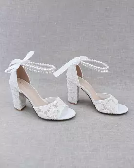 Crochet Lace Block Heel Sandals with Double Pearls Ankle Strap