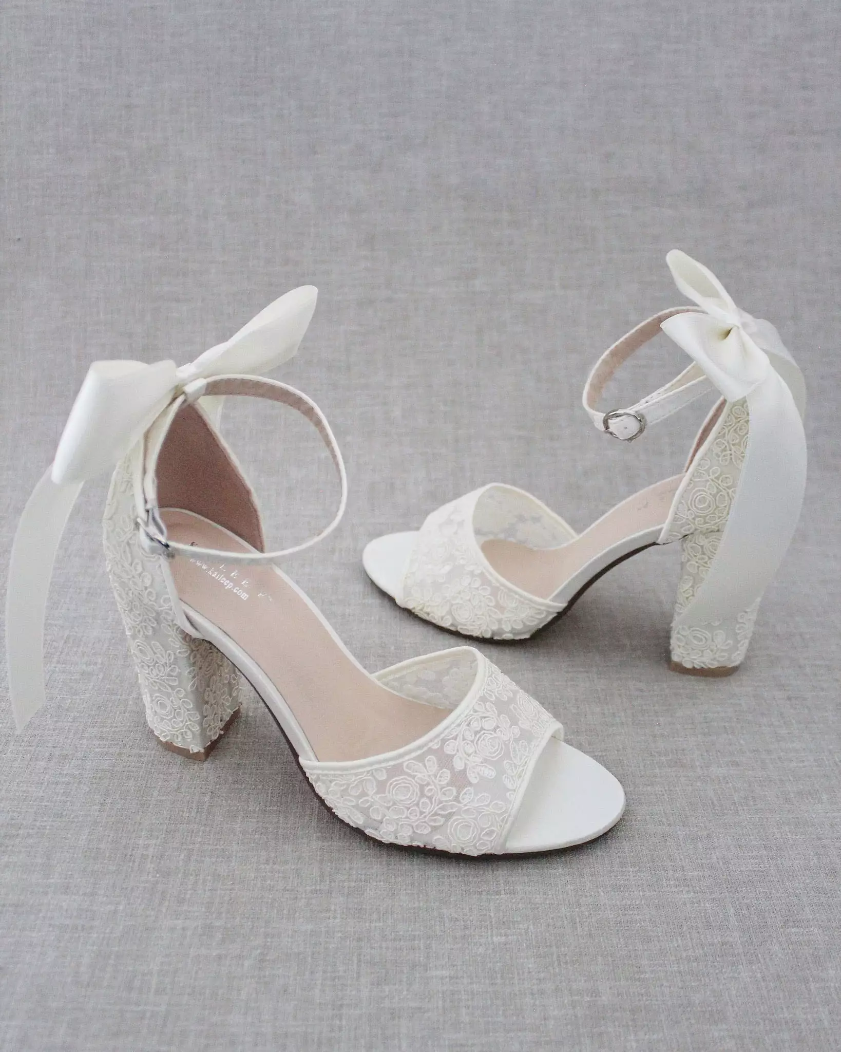 Crochet Lace Block Heel Sandals with Satin Back Bow