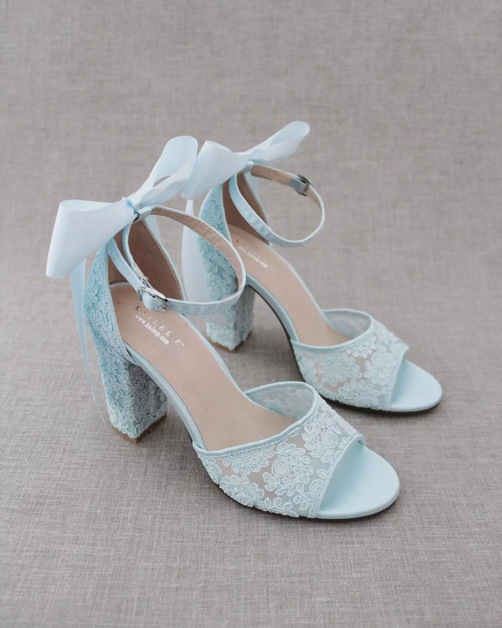 Crochet Lace Block Heel Sandals with Satin Back Bow