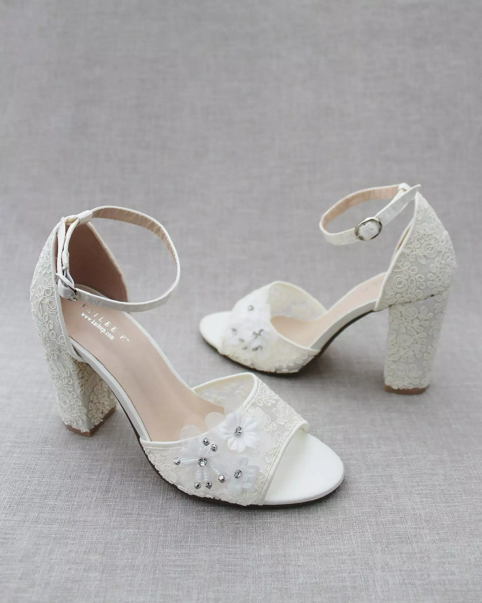 Crochet Lace Block Heel Sandals with White Flower Appliques