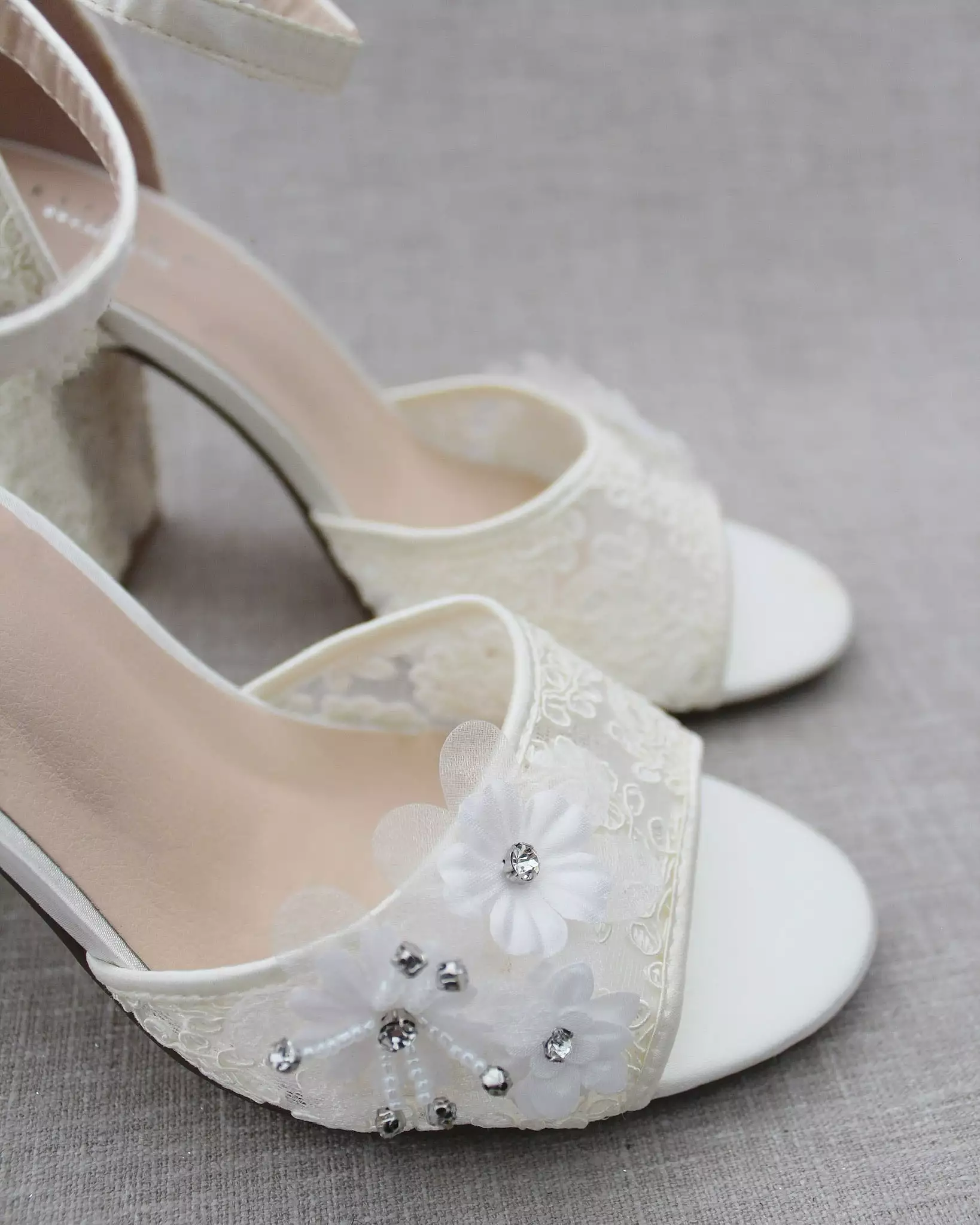 Crochet Lace Block Heel Sandals with White Flower Appliques