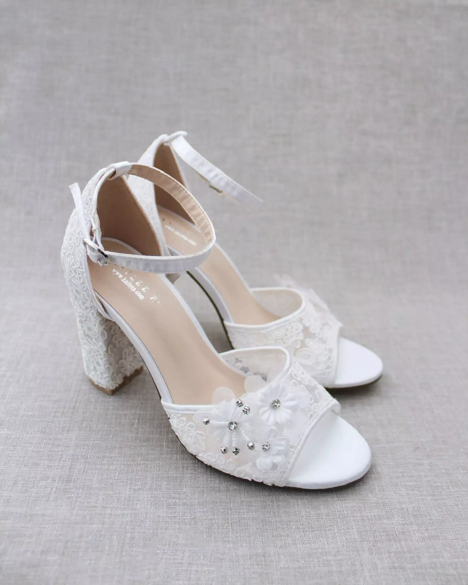 Crochet Lace Block Heel Sandals with White Flower Appliques