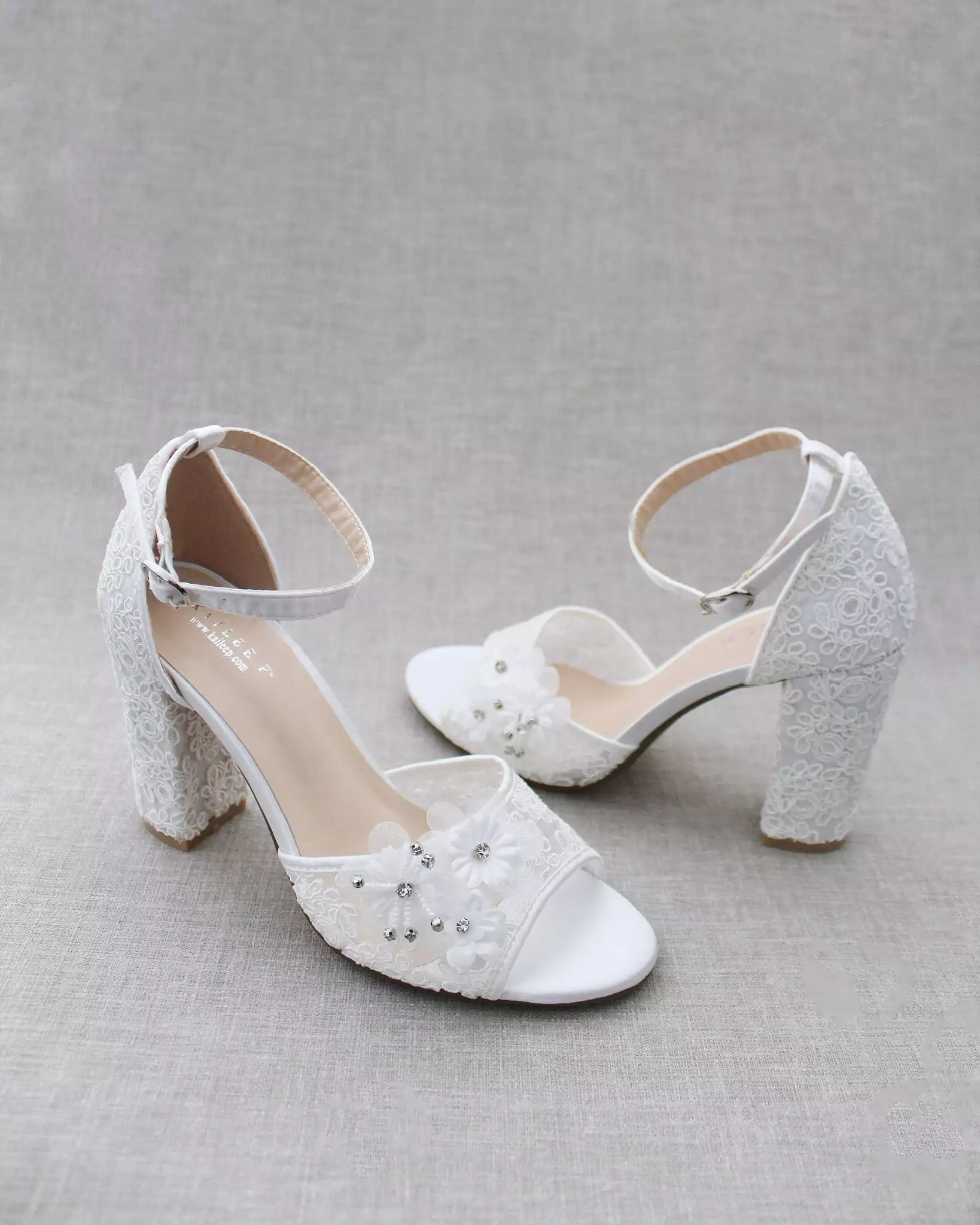 Crochet Lace Block Heel Sandals with White Flower Appliques