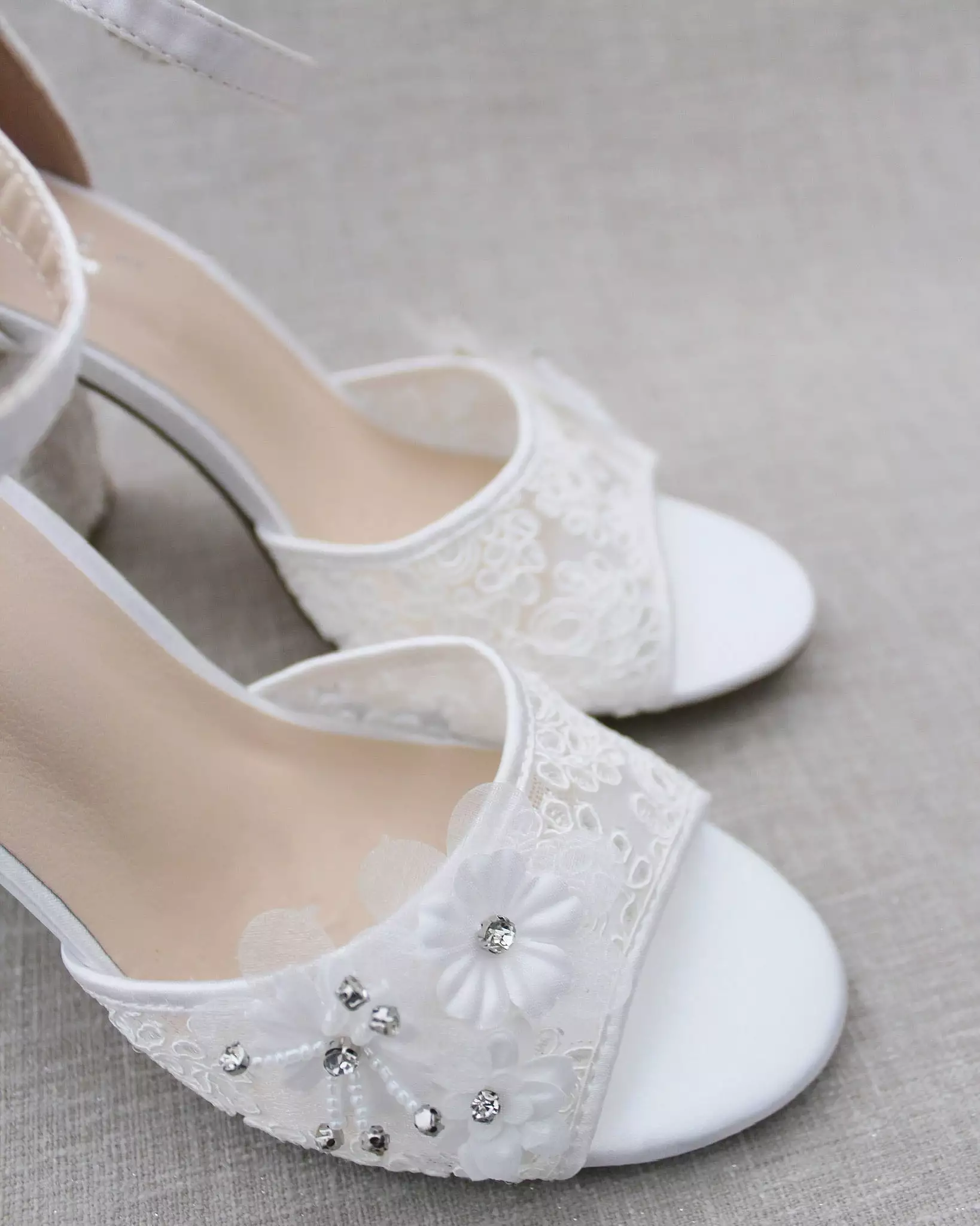 Crochet Lace Block Heel Sandals with White Flower Appliques