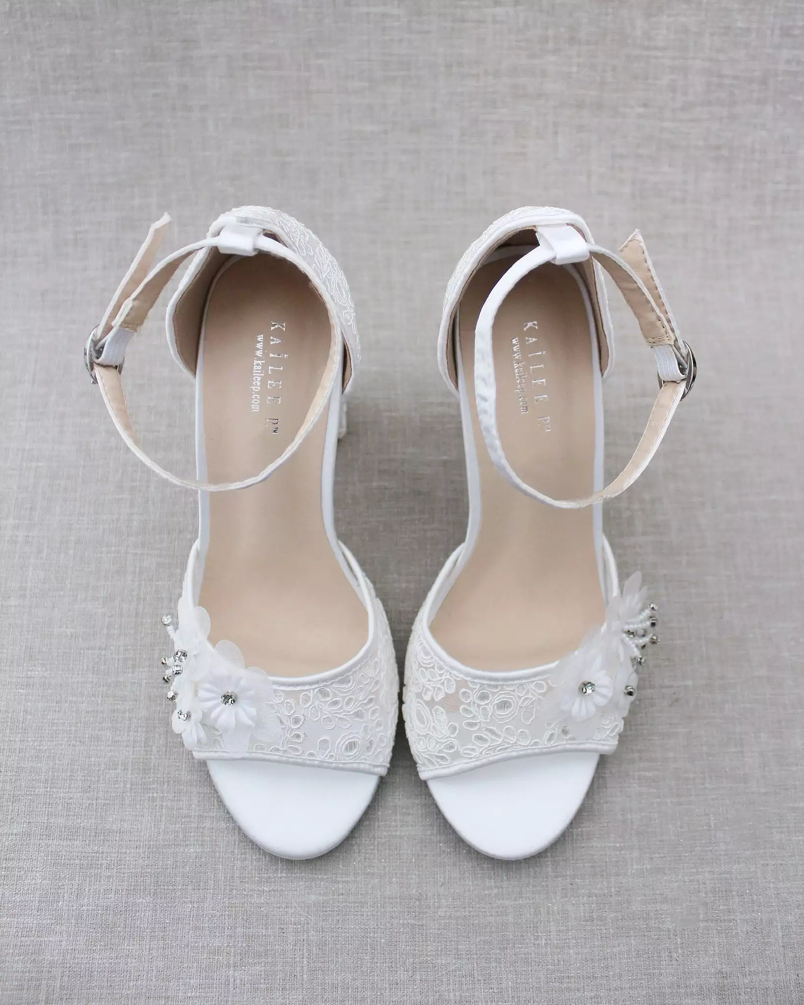 Crochet Lace Block Heel Sandals with White Flower Appliques