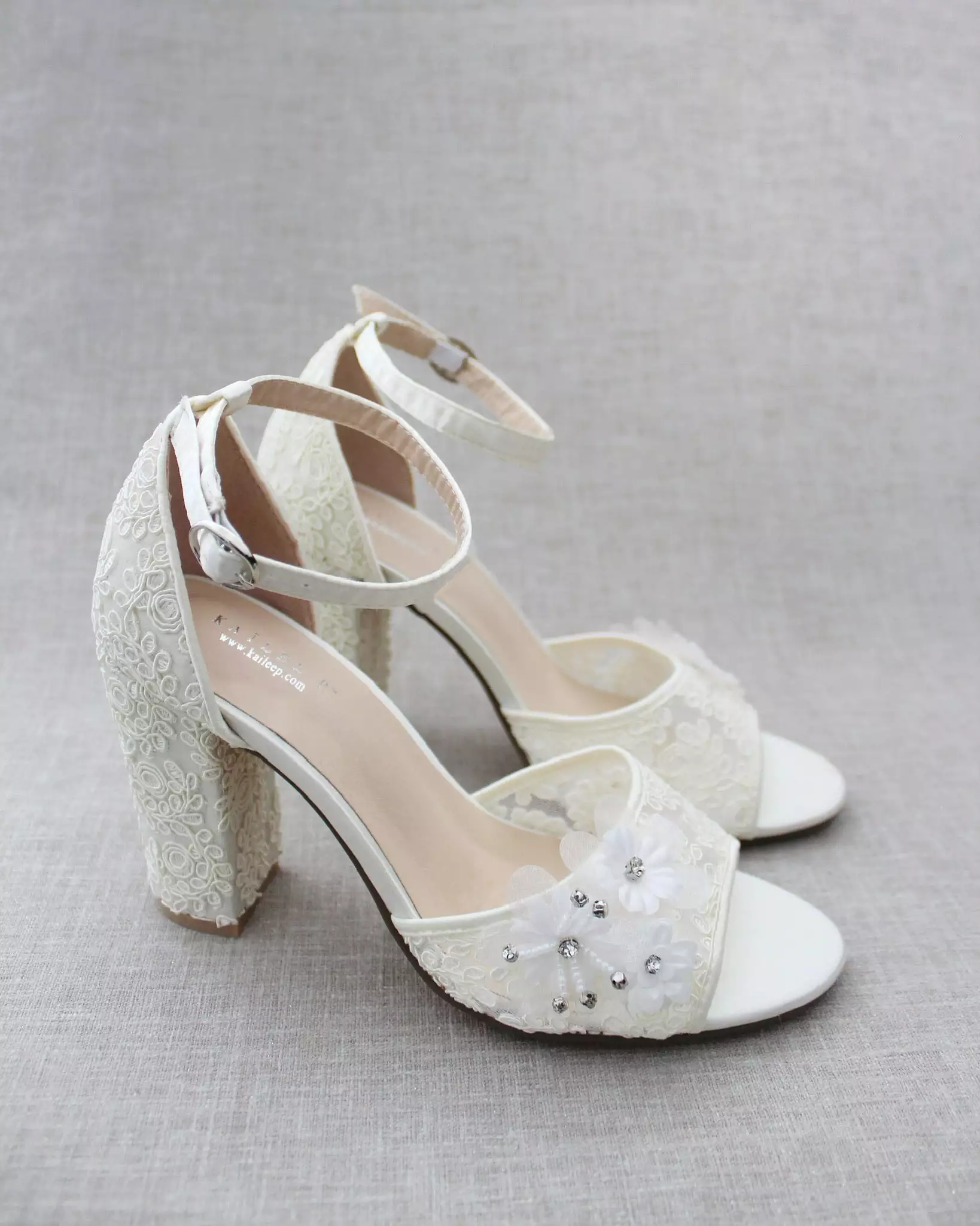 Crochet Lace Block Heel Sandals with White Flower Appliques