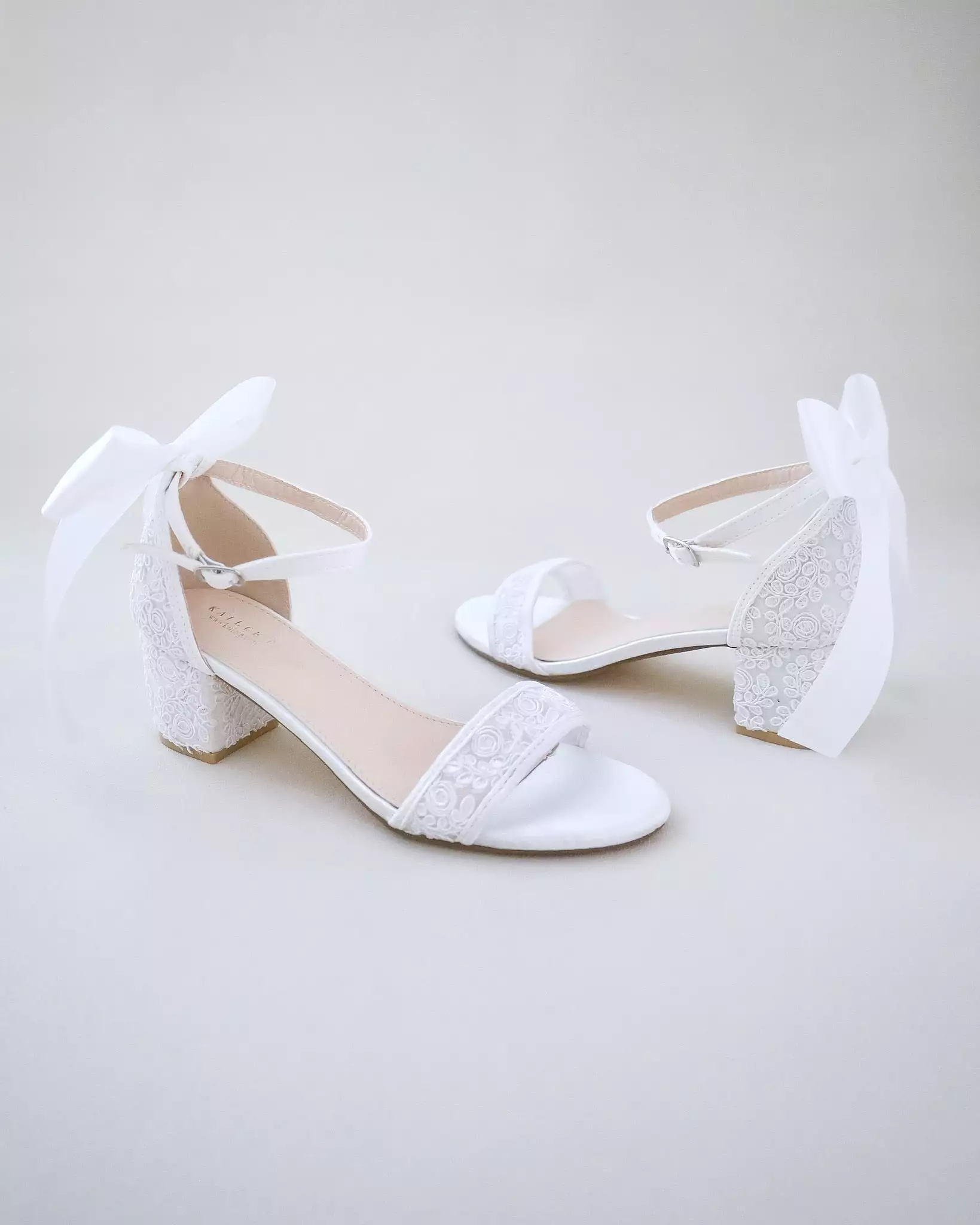 Crochet Lace Block Heel Wedding Sandals with Back Bow