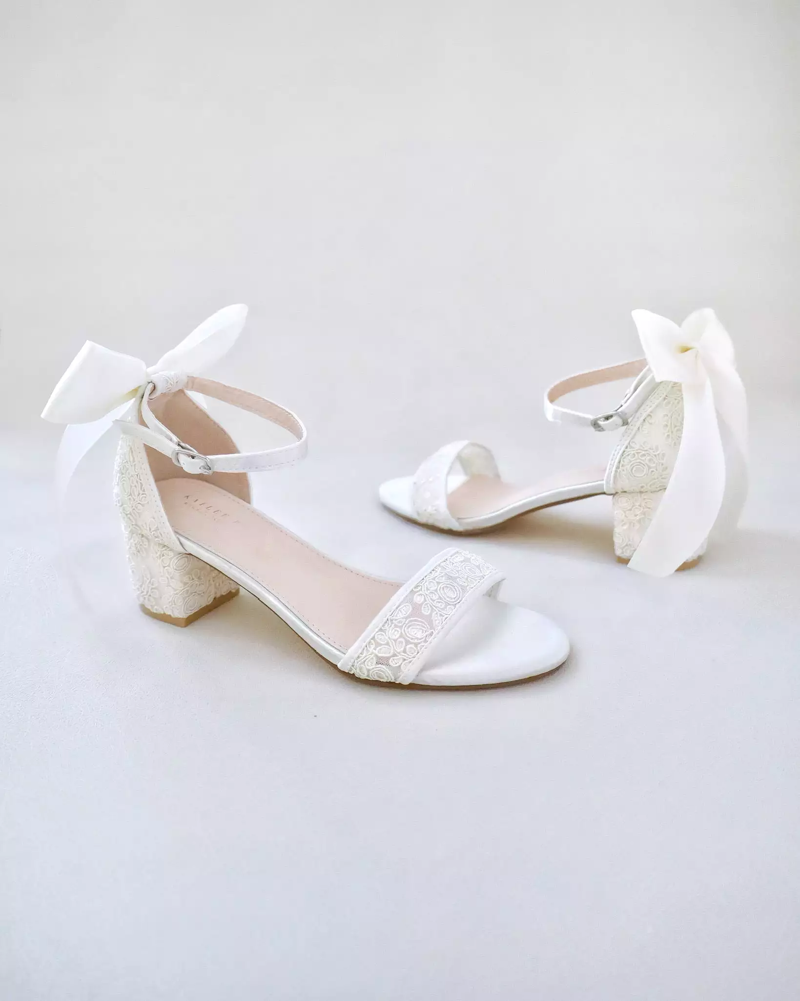 Crochet Lace Block Heel Wedding Sandals with Back Bow