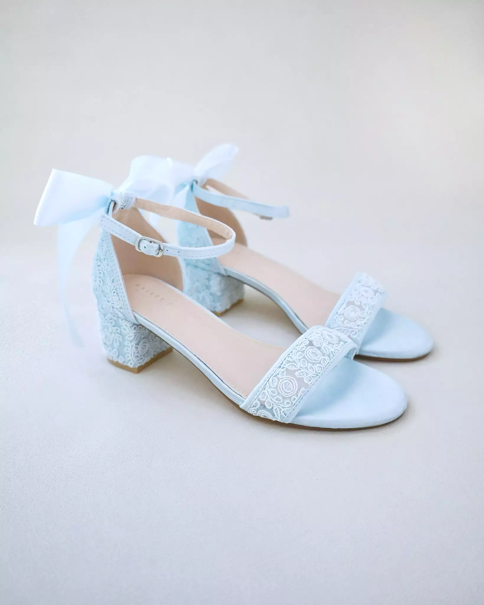 Crochet Lace Block Heel Wedding Sandals with Back Bow