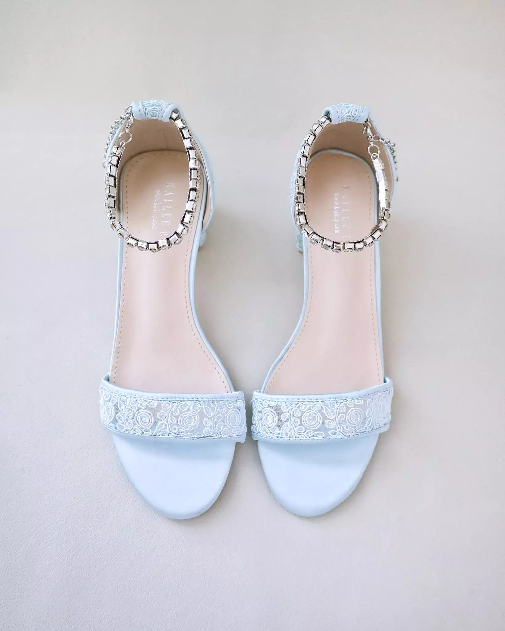 Crochet Lace Block Heel Wedding Sandals with Eternity Rhinestones Strap