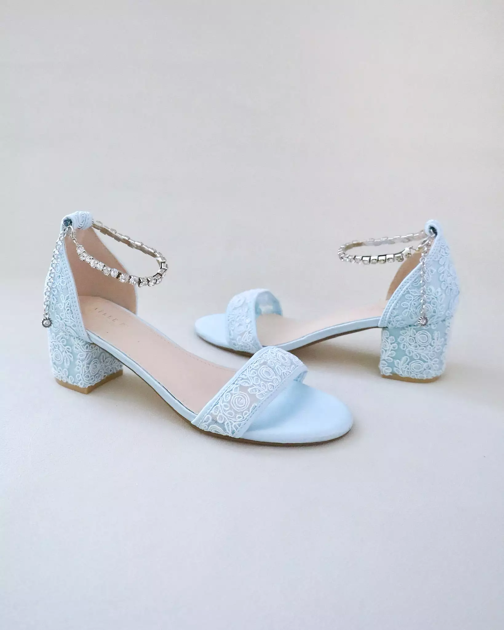 Crochet Lace Block Heel Wedding Sandals with Eternity Rhinestones Strap