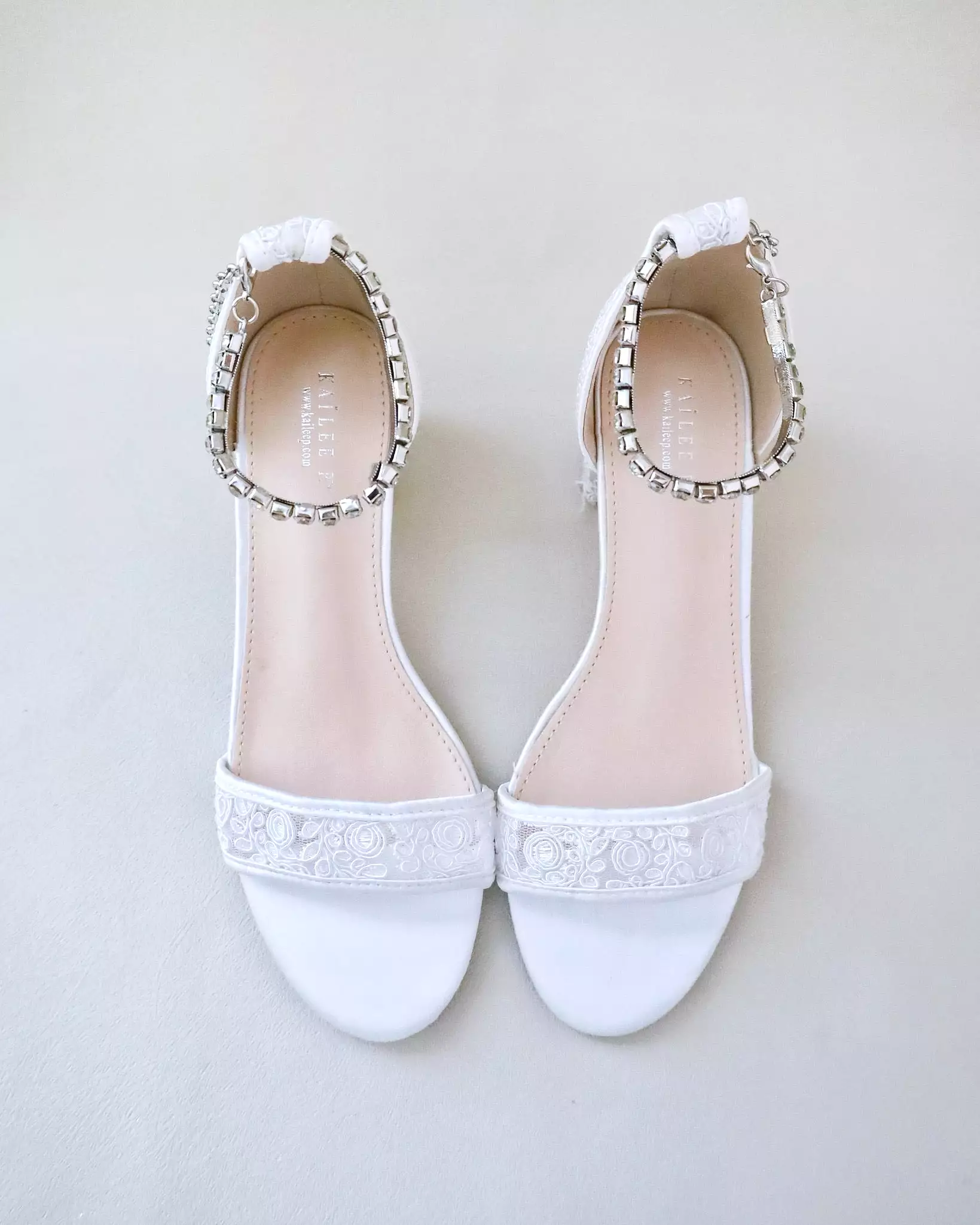 Crochet Lace Block Heel Wedding Sandals with Eternity Rhinestones Strap