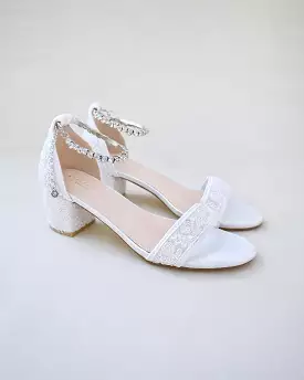 Crochet Lace Block Heel Wedding Sandals with Eternity Rhinestones Strap