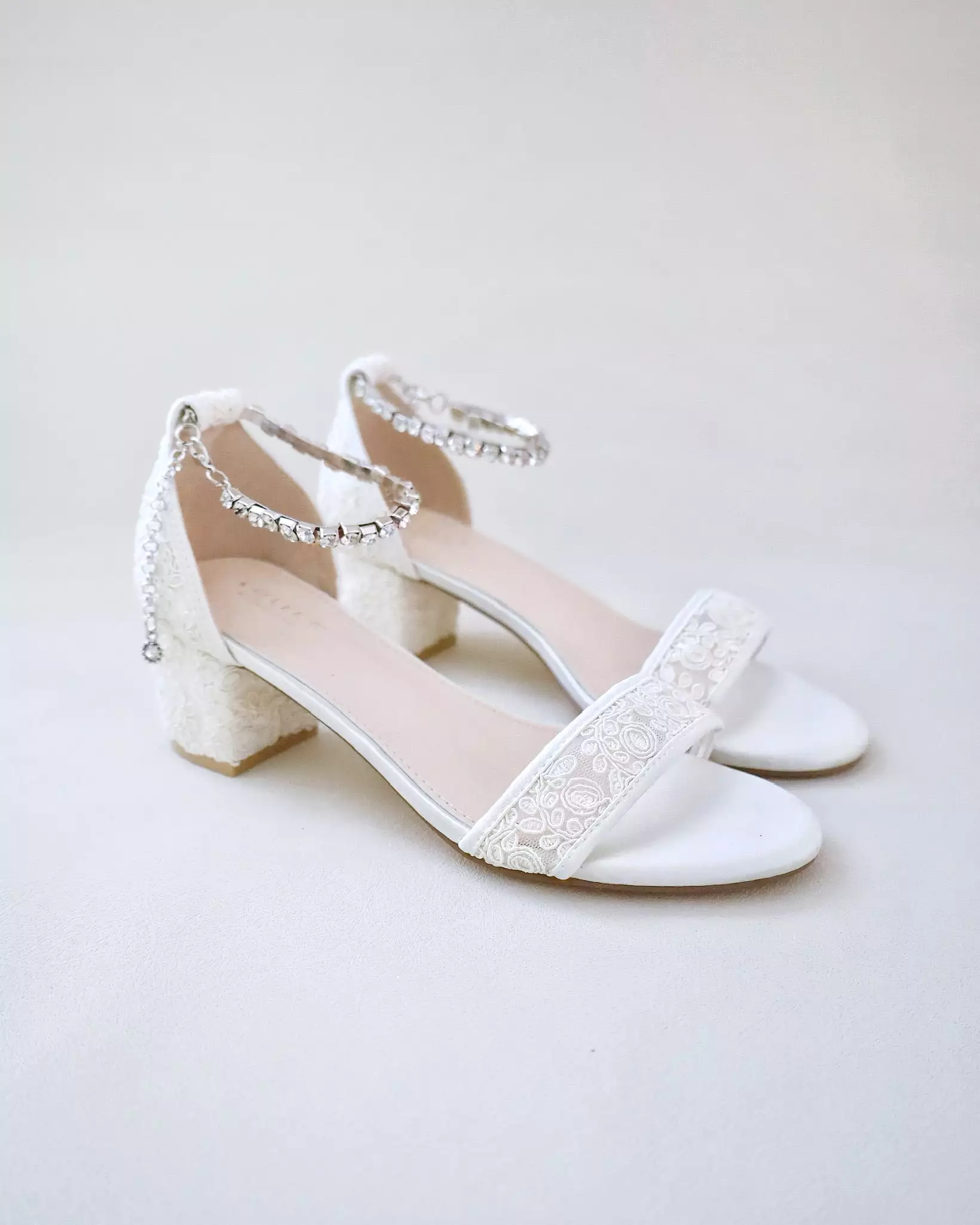 Crochet Lace Block Heel Wedding Sandals with Eternity Rhinestones Strap