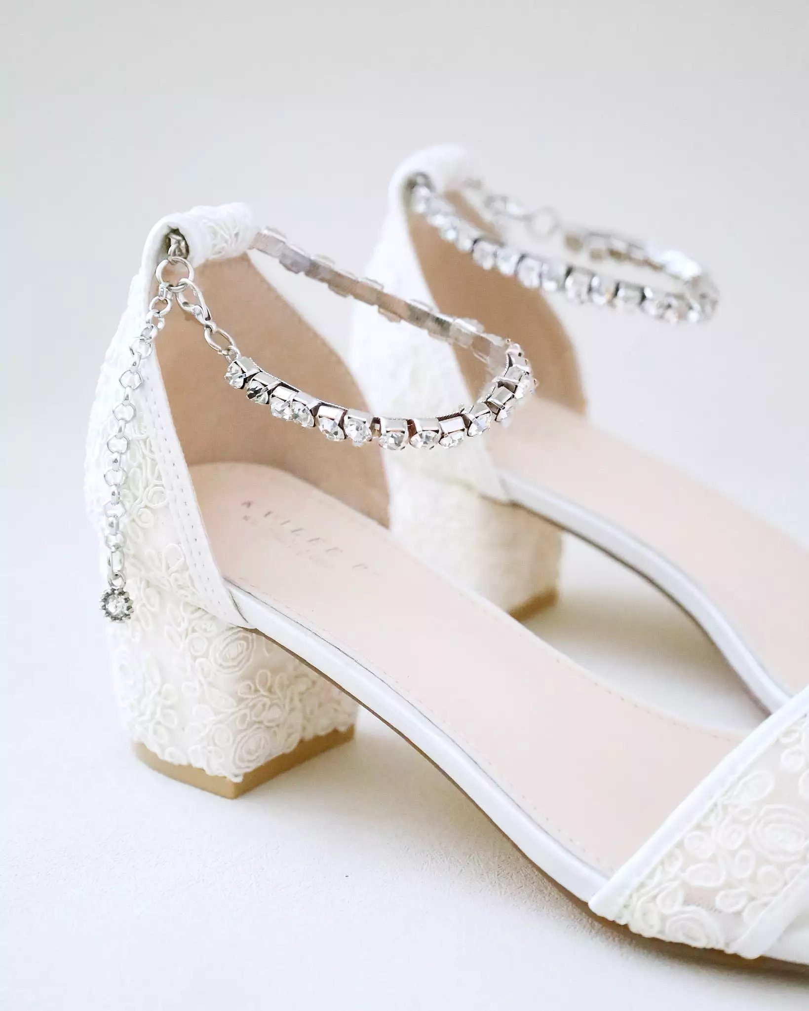 Crochet Lace Block Heel Wedding Sandals with Eternity Rhinestones Strap