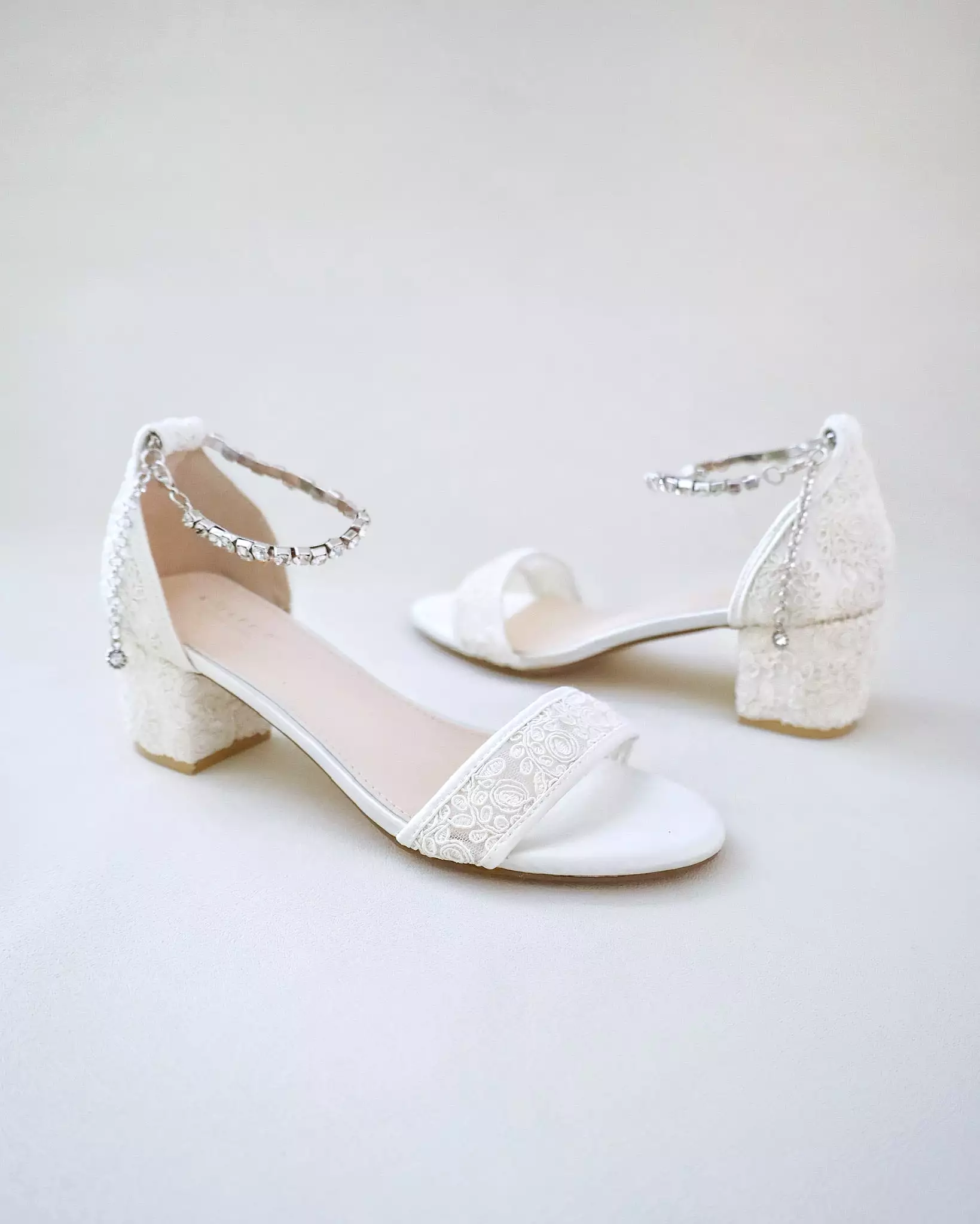 Crochet Lace Block Heel Wedding Sandals with Eternity Rhinestones Strap