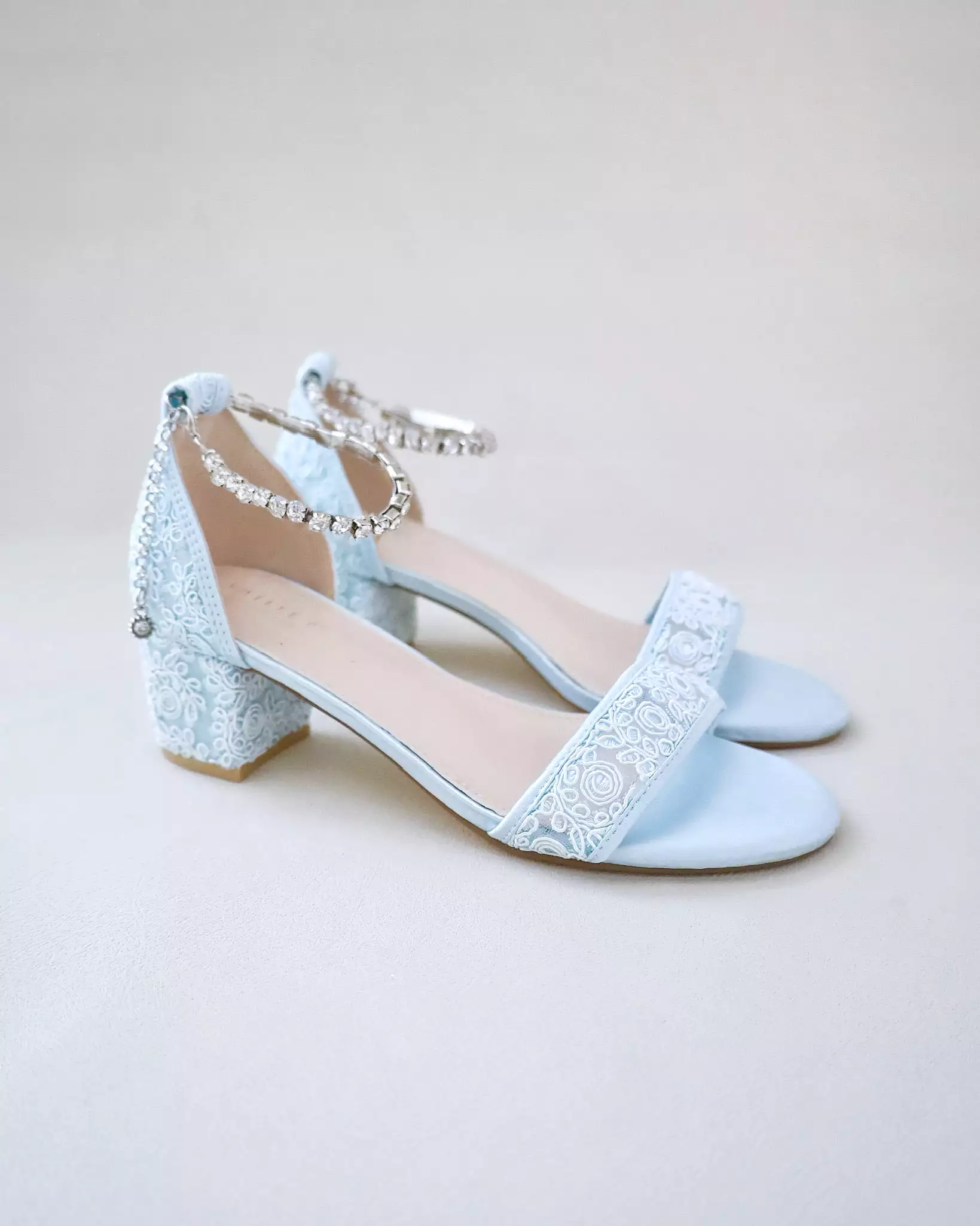 Crochet Lace Block Heel Wedding Sandals with Eternity Rhinestones Strap