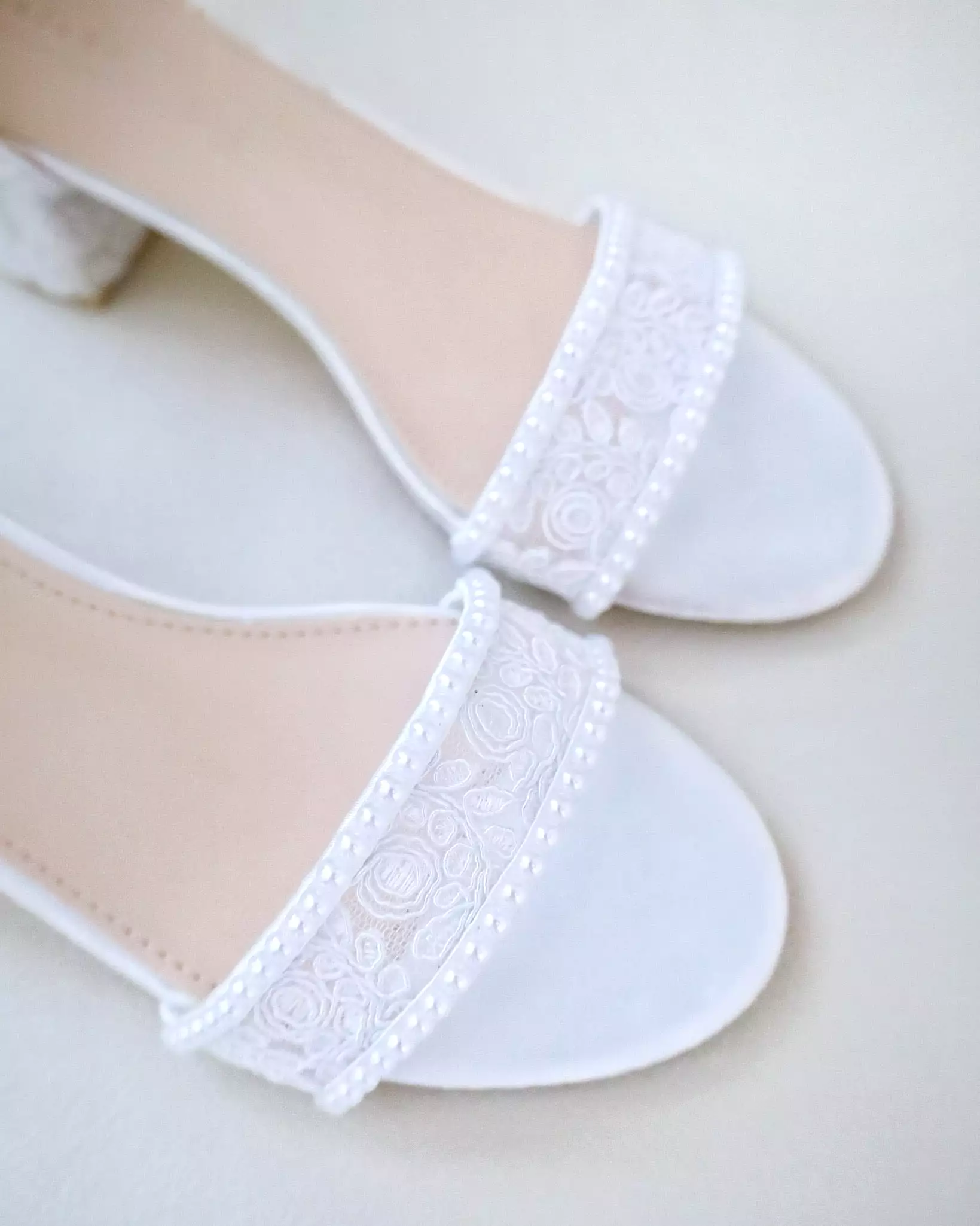 Crochet Lace Block Heel Wedding Sandals with Mini Pearls