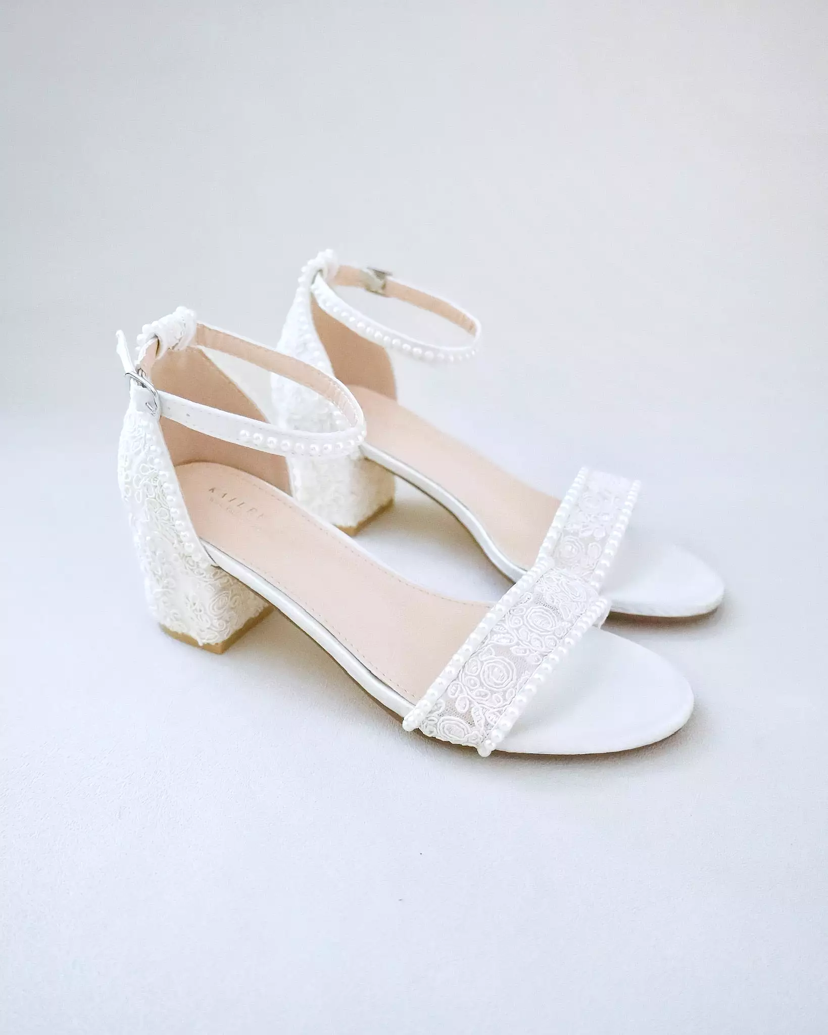 Crochet Lace Block Heel Wedding Sandals with Mini Pearls