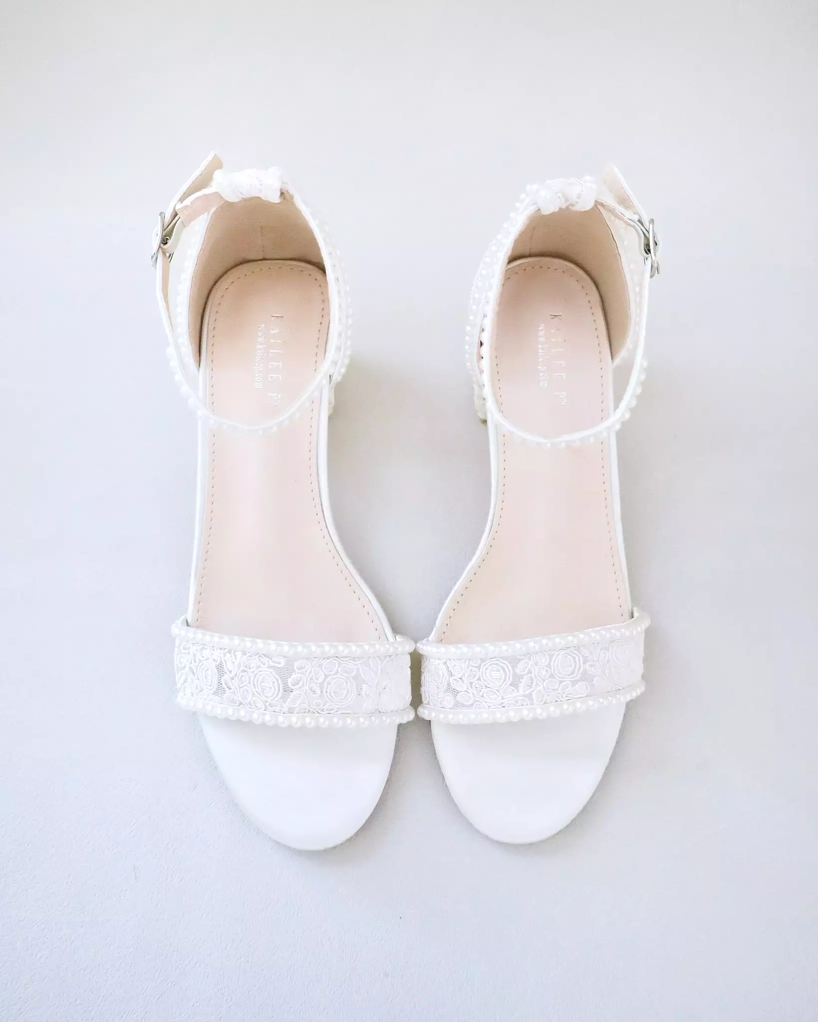 Crochet Lace Block Heel Wedding Sandals with Mini Pearls