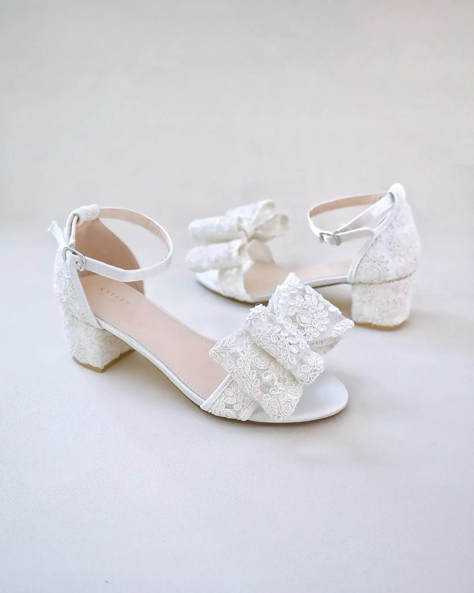 Crochet Lace Block Heel Wedding Sandals with Oversized Lace Bow