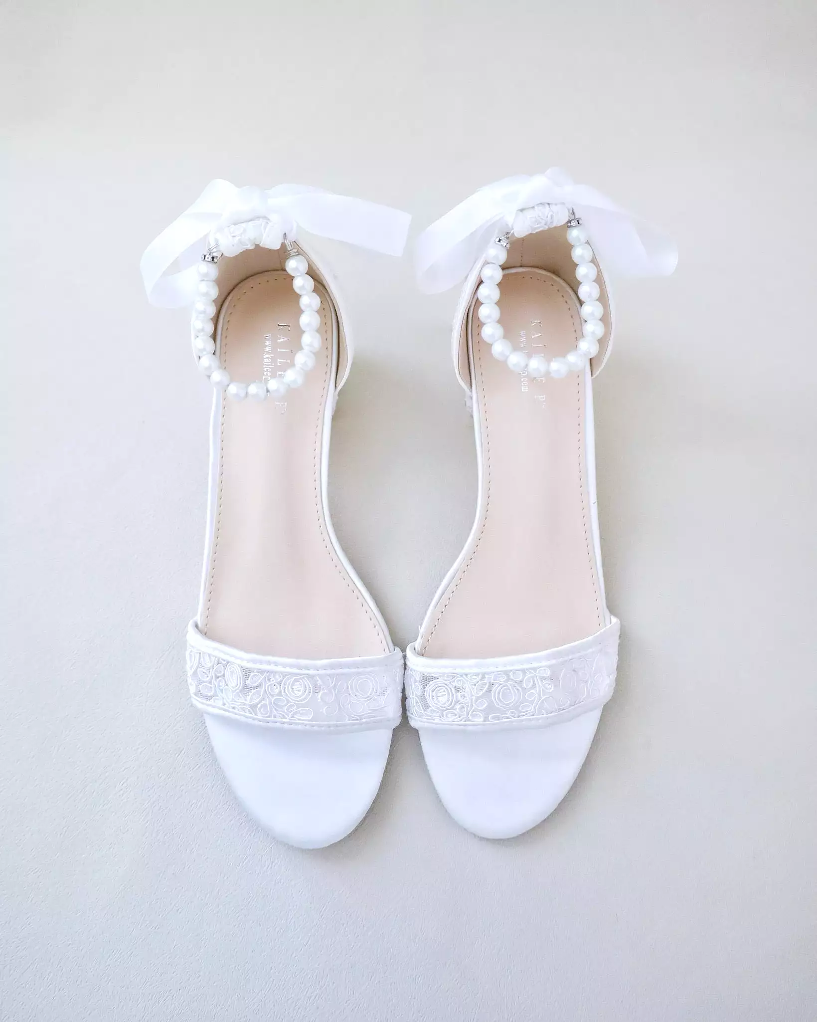 Crochet Lace Block Heel Wedding Sandals with Pearl Ankle Strap