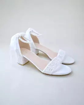 Crochet Lace Block Heel Wedding Sandals with Pearl Ankle Strap