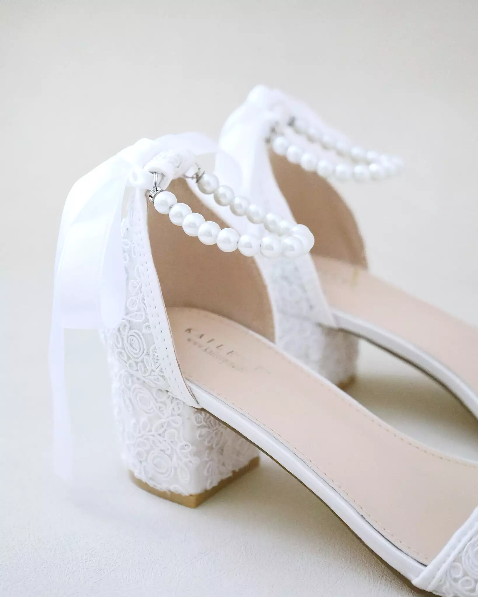 Crochet Lace Block Heel Wedding Sandals with Pearl Ankle Strap