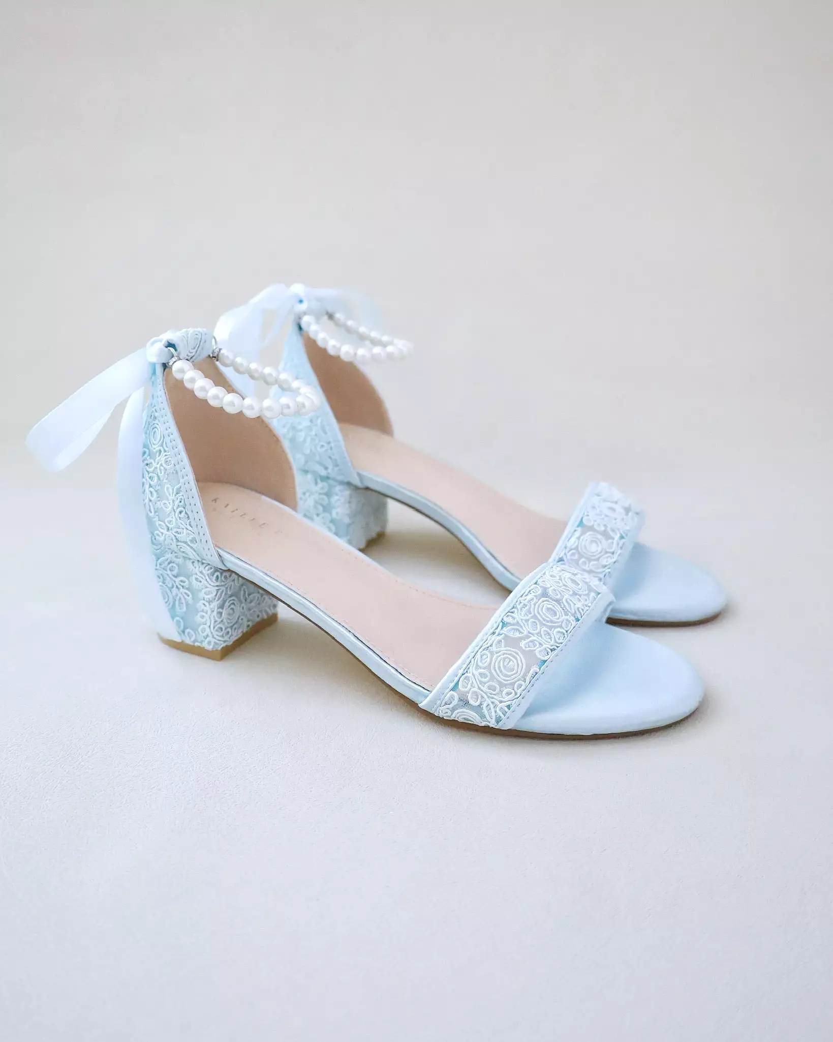 Crochet Lace Block Heel Wedding Sandals with Pearl Ankle Strap