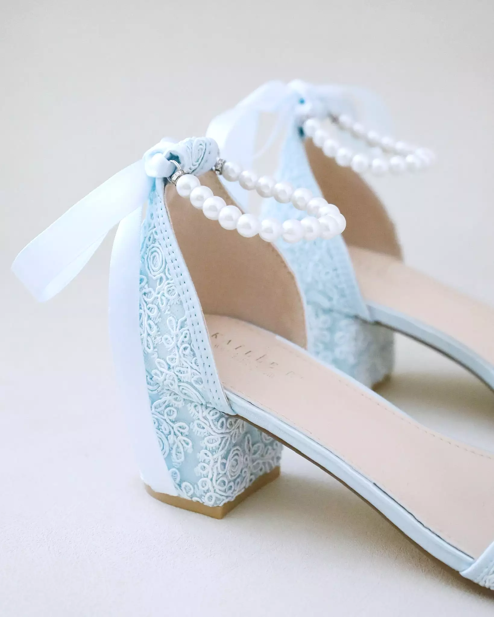 Crochet Lace Block Heel Wedding Sandals with Pearl Ankle Strap