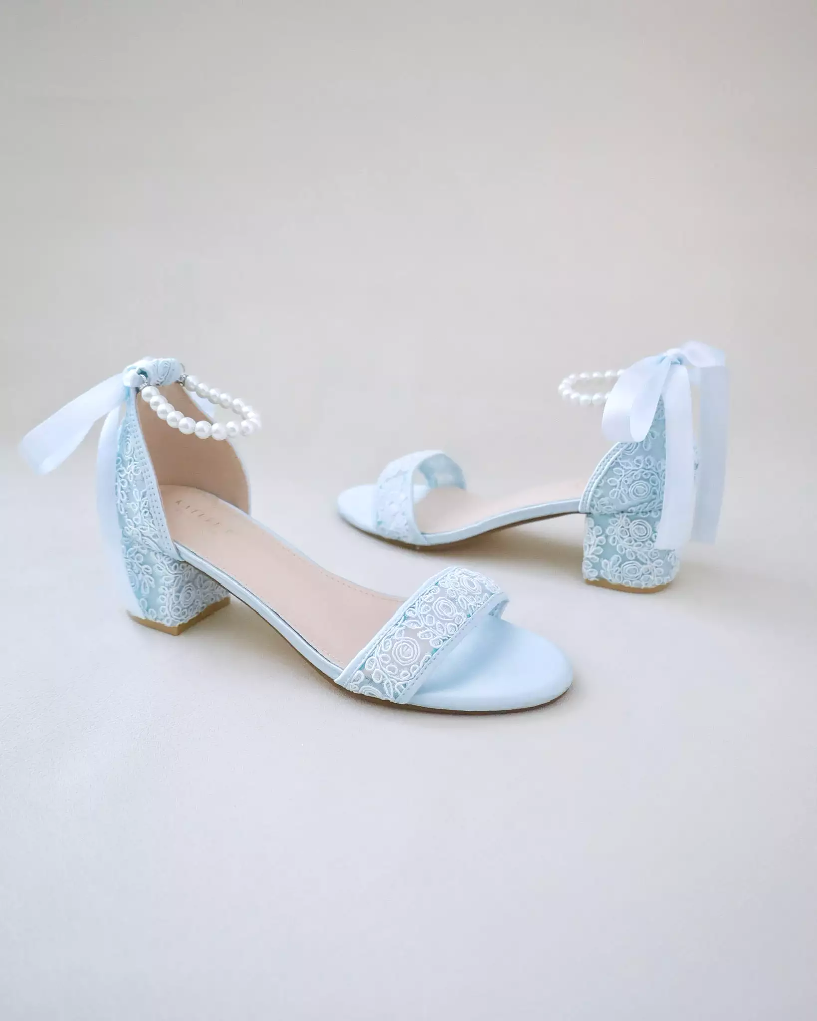 Crochet Lace Block Heel Wedding Sandals with Pearl Ankle Strap