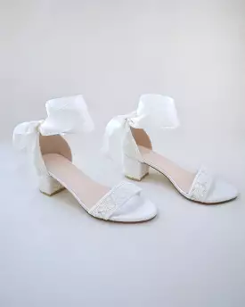 Crochet Lace Block Heel Wedding Sandals with Wrapped Ankle Tie