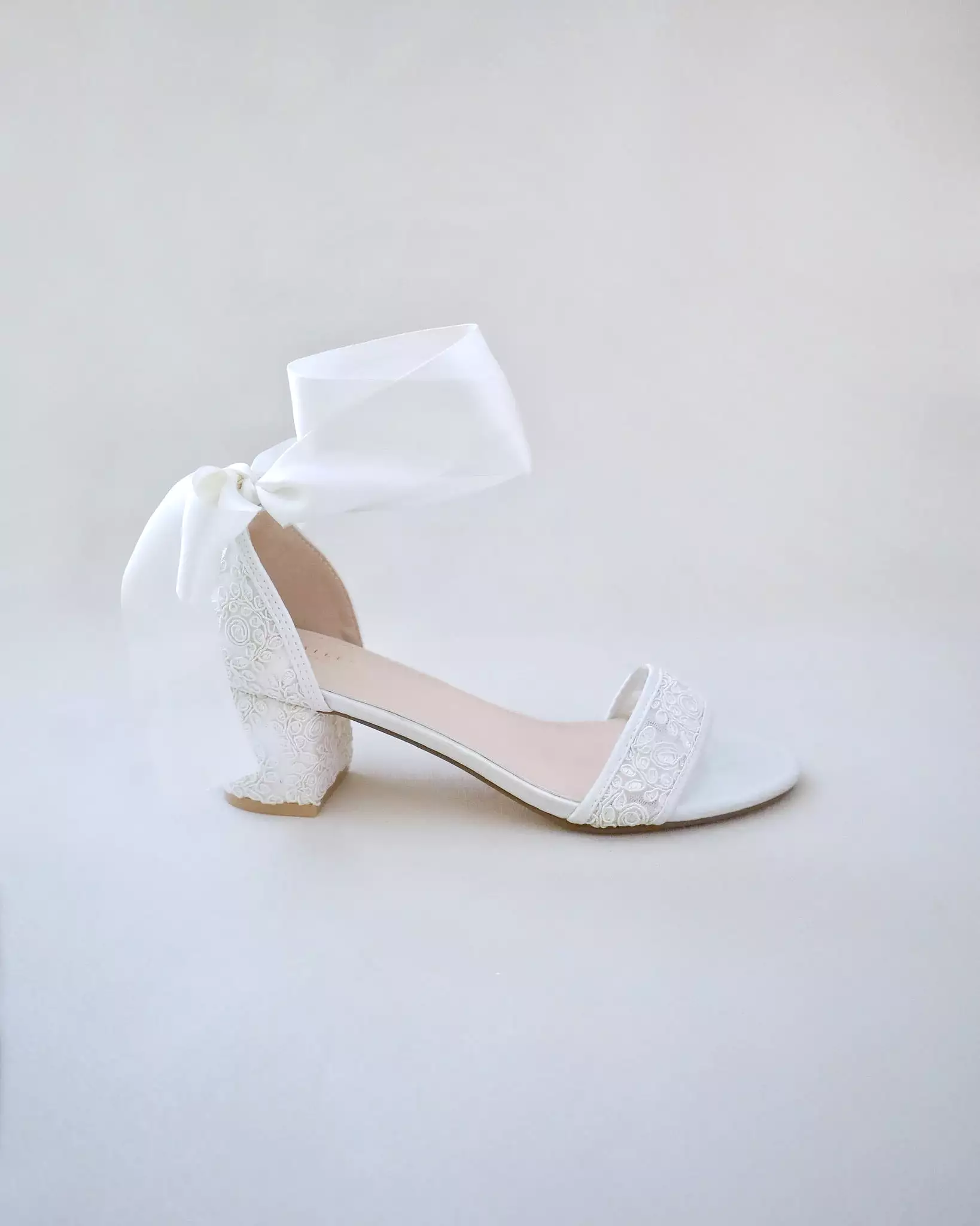 Crochet Lace Block Heel Wedding Sandals with Wrapped Ankle Tie