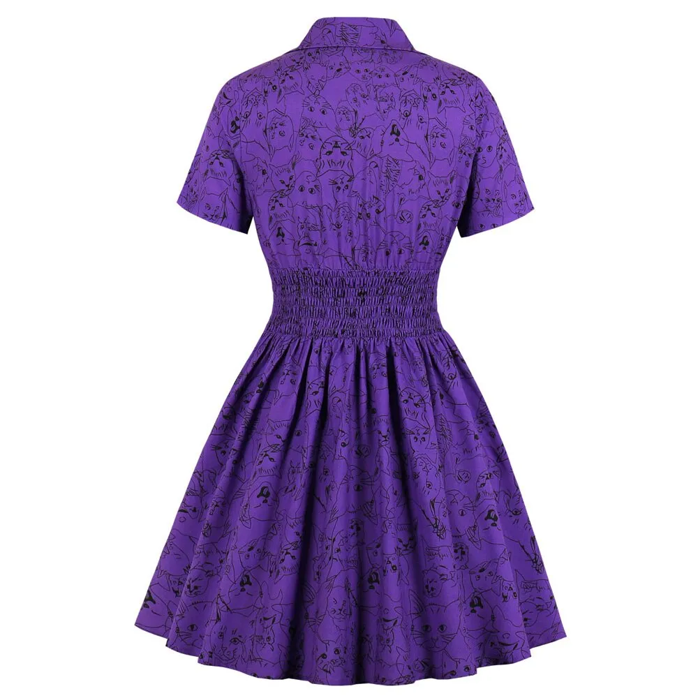 Cute Purple Cat Print Summer Short Sleeve High Waist Robe Pin Up Swing Vintage Party Casual Dress