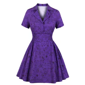 Cute Purple Cat Print Summer Short Sleeve High Waist Robe Pin Up Swing Vintage Party Casual Dress