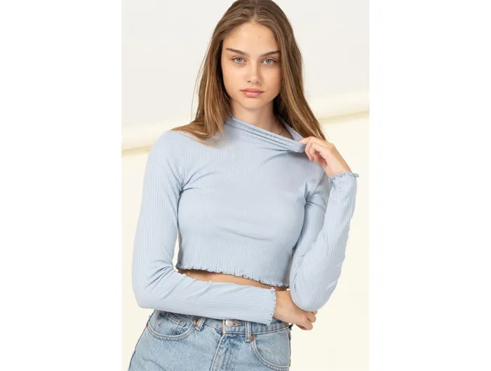 Double Zero Women's Mock Neck Lettuce Edge Crop Top