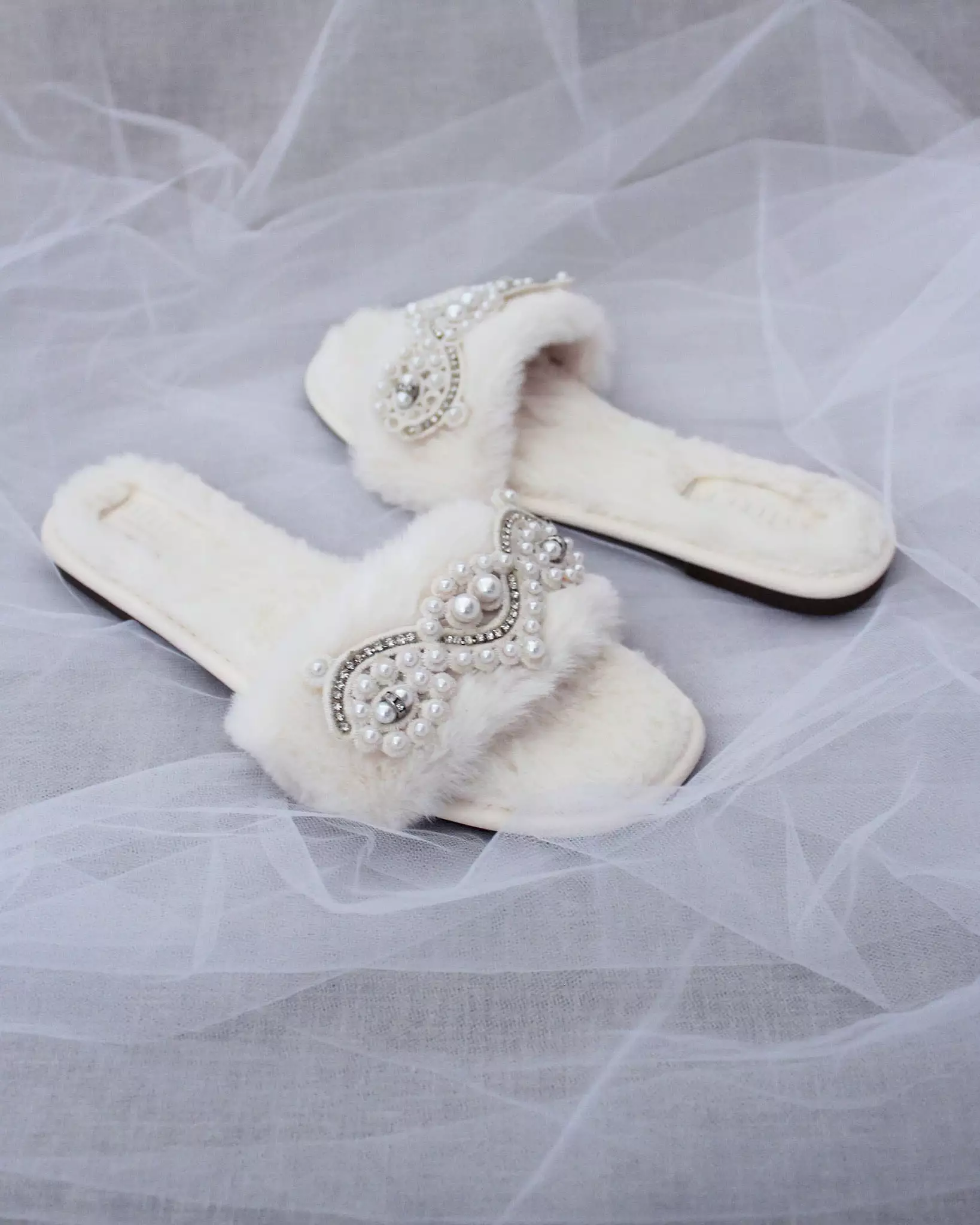 Faux Fur Slide Flat Sandals with Small Pearls Applique