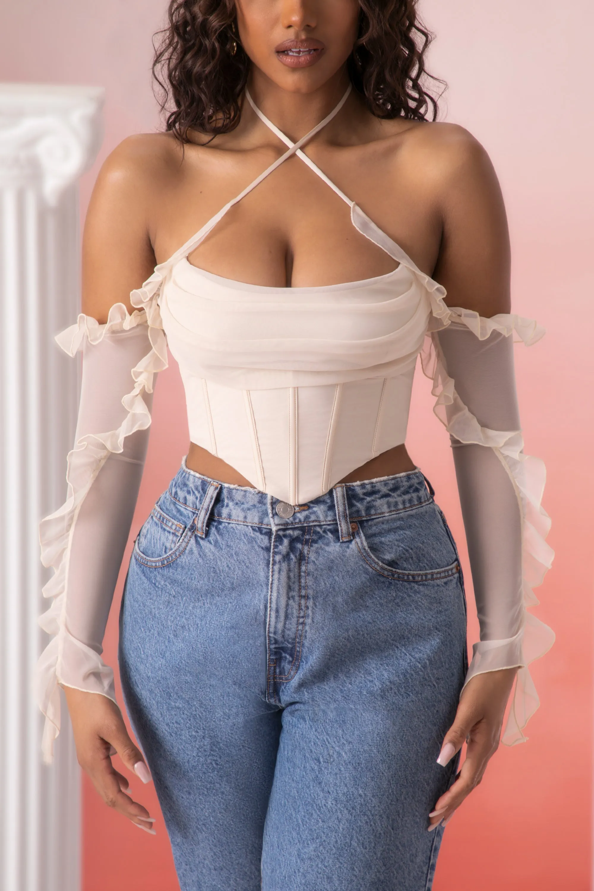 Frill Detail Cowl Neck Crop Top in Stone